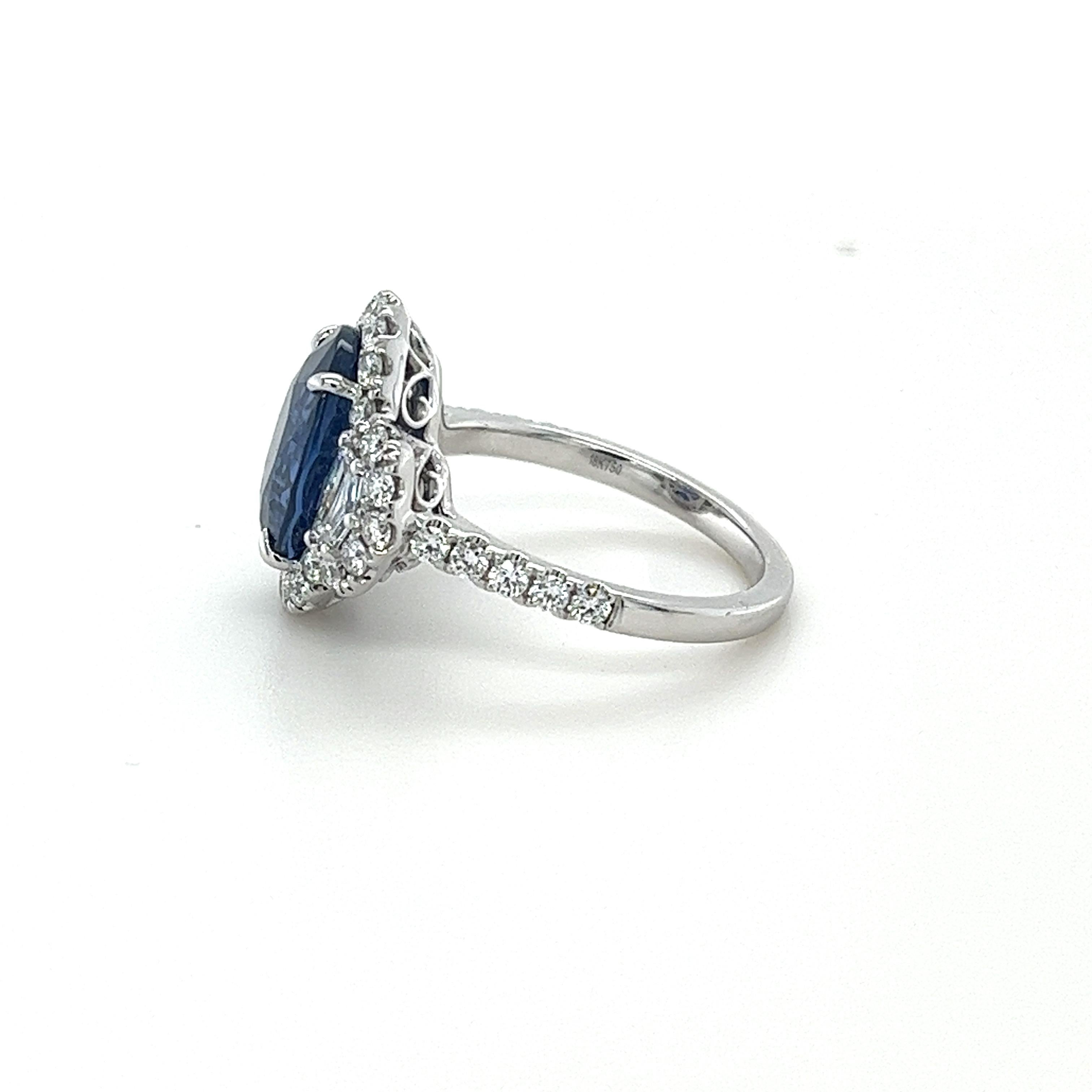 Modern GIA Certified 6.06 Carat Ceylon Sapphire & Diamond Ring in 18 Karat White Gold For Sale