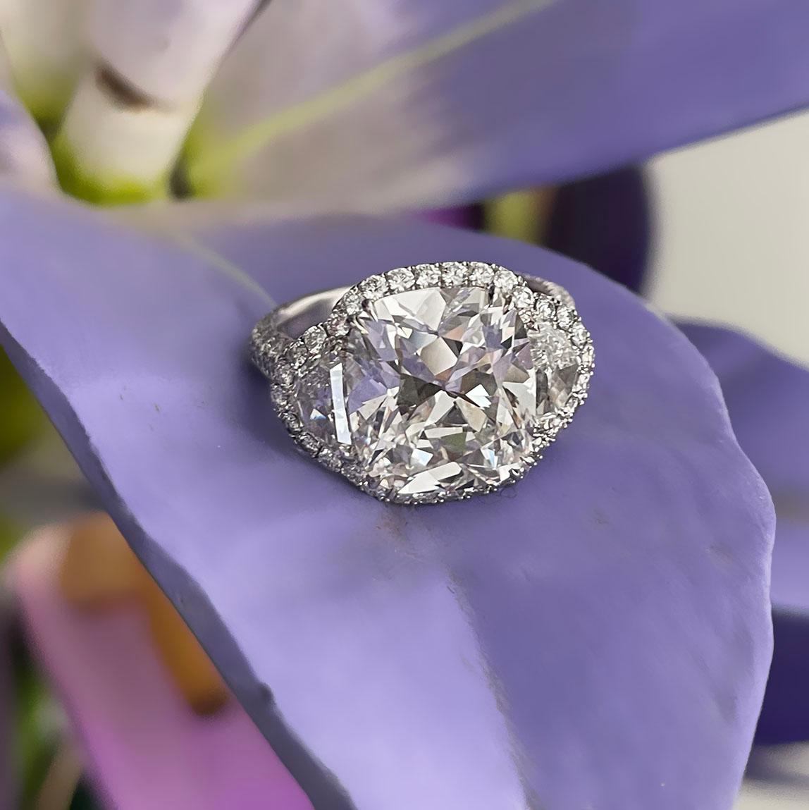 GIA Antique Cushion Cut Diamond Three-Stone Engagement Ring In Excellent Condition For Sale In Beverly Hills, CA