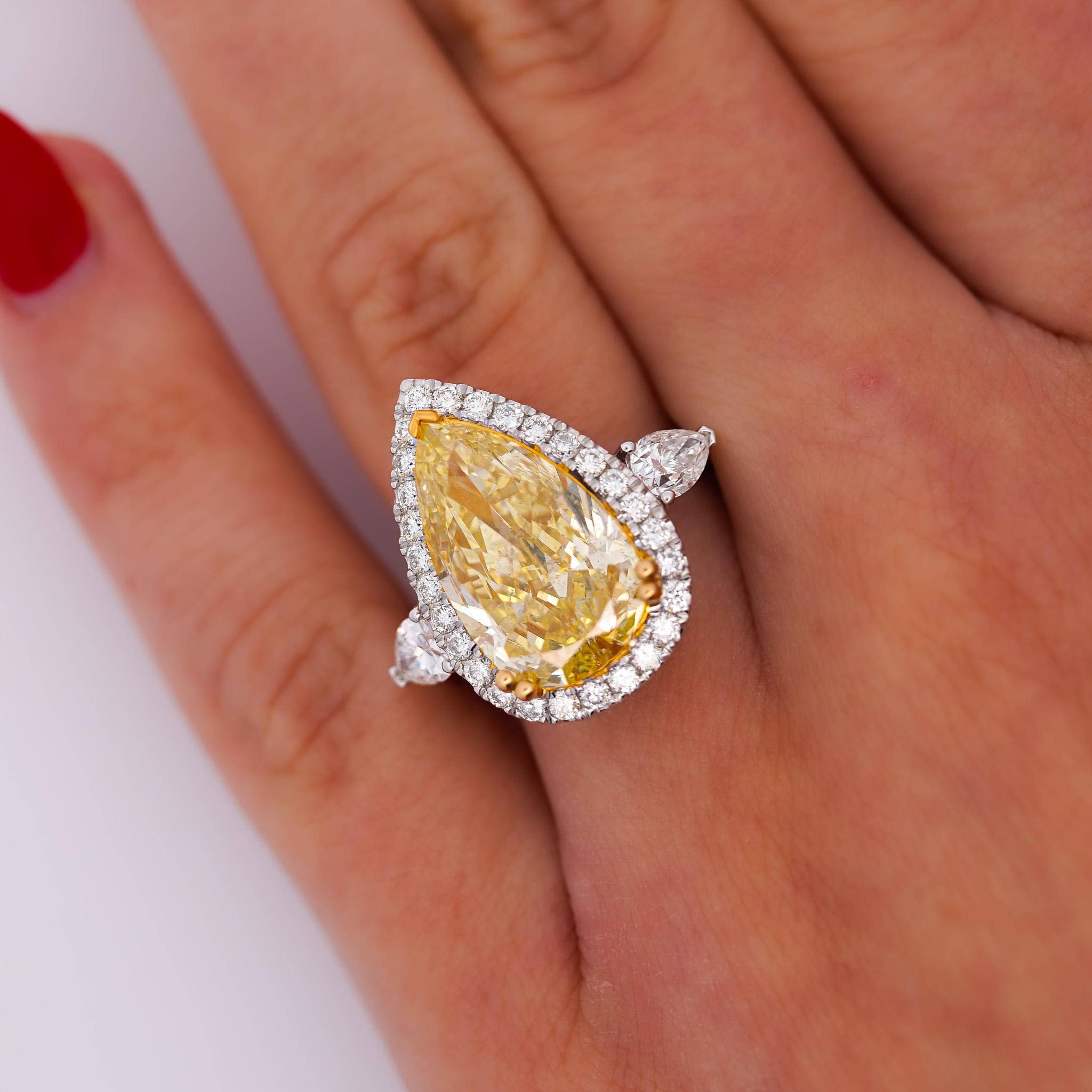 GIA Certified 6.06 Carat Intense Yellow Pear Diamond Filigree Engagement Ring For Sale 4