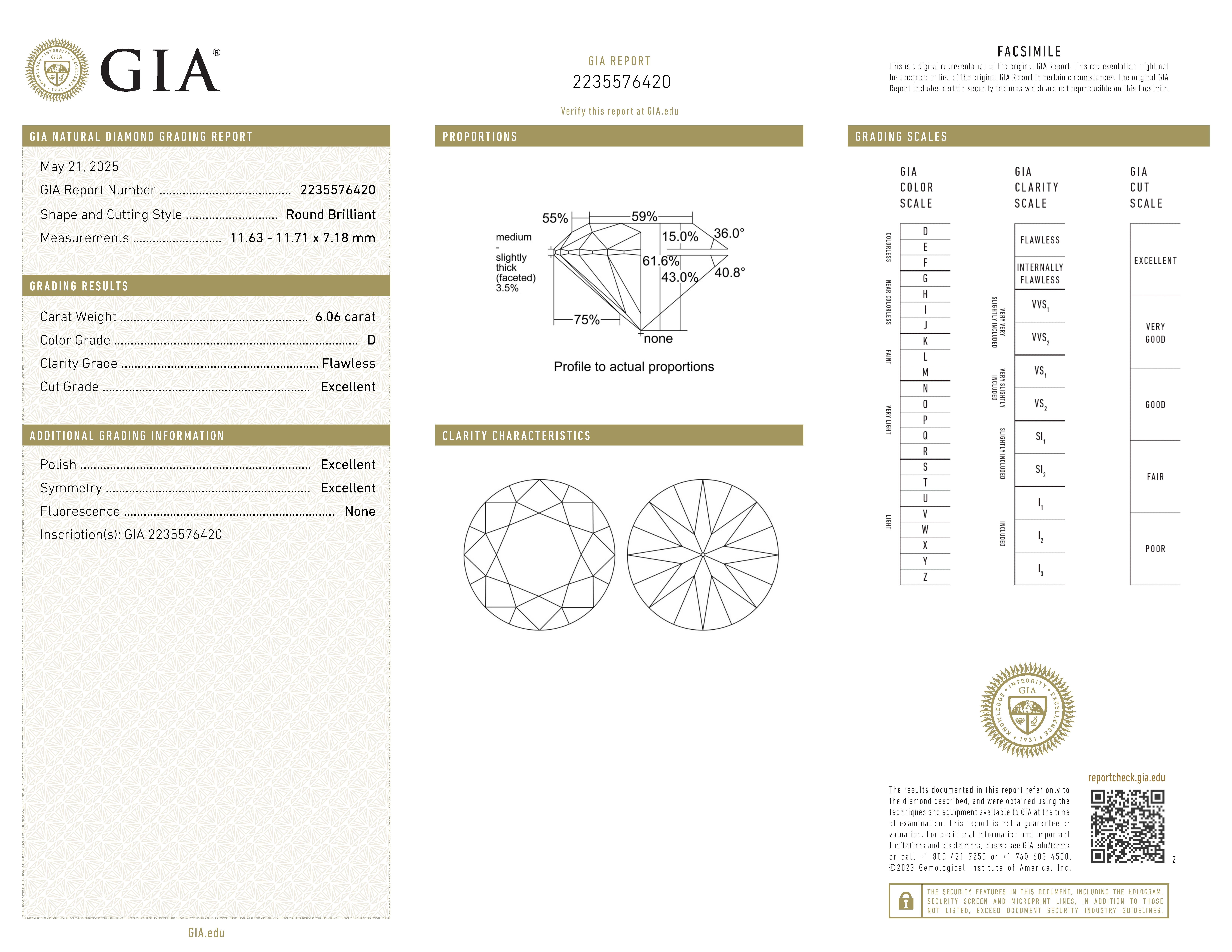 Taille ronde Bague en platine certifiée GIA avec solitaire en diamant rond de 6,06 carats TYPE IIA en vente