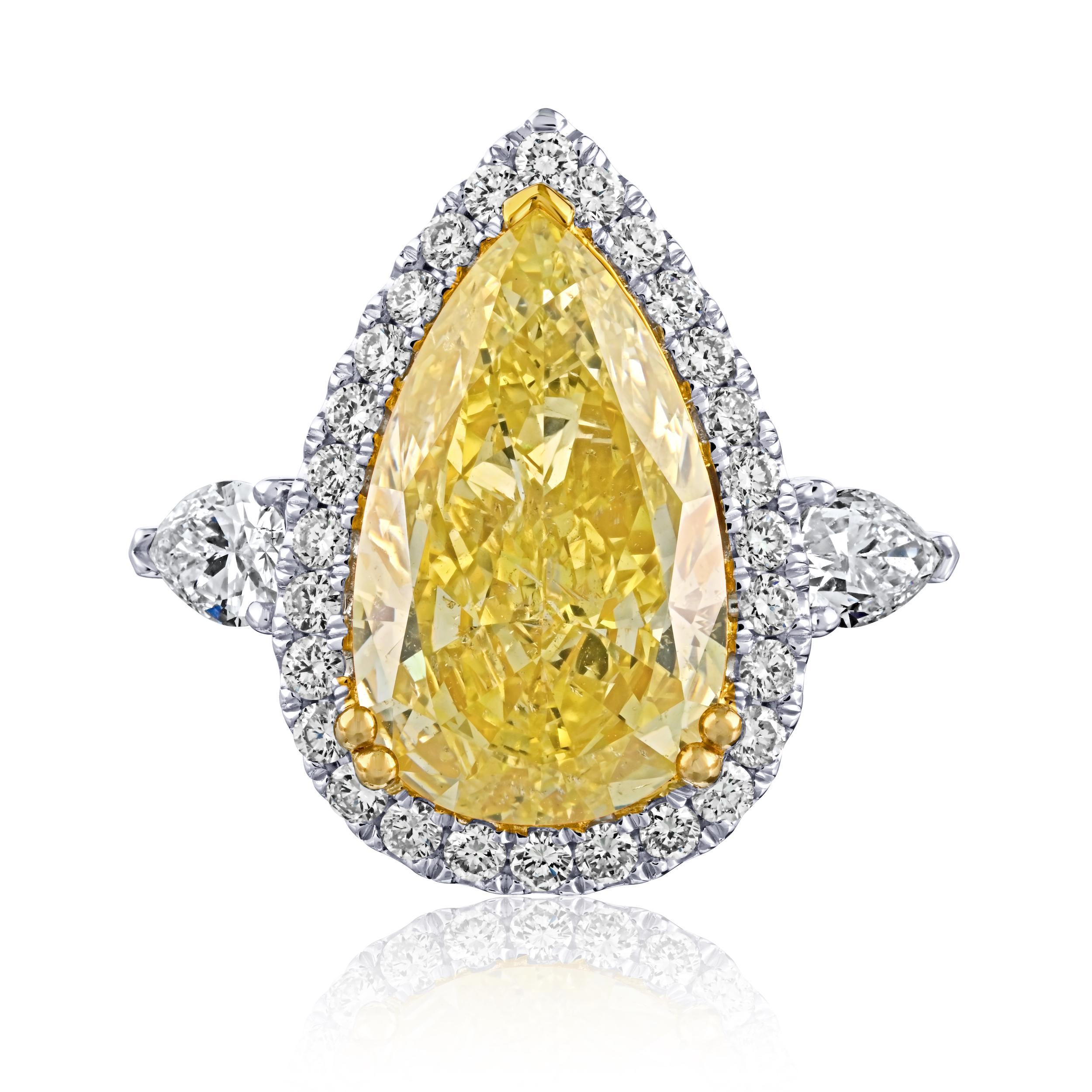 Pear Cut GIA Certified 6.06 Carat Intense Yellow Pear Diamond Filigree Engagement Ring For Sale
