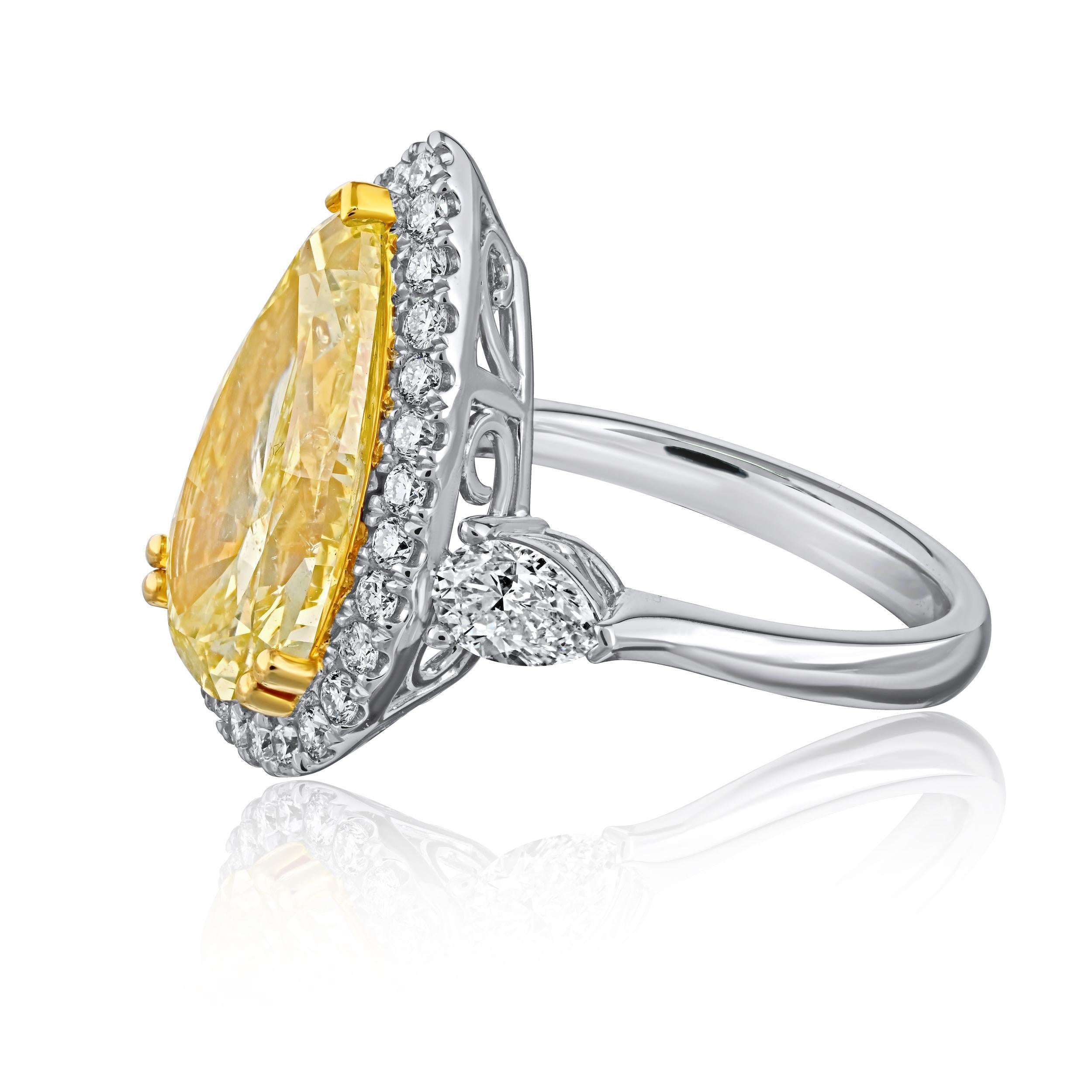 GIA Certified 6.06 Carat Intense Yellow Pear Diamond Filigree Engagement Ring In New Condition For Sale In Miami, FL