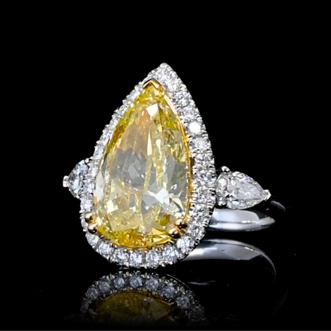 GIA Certified 6.06 Carat Intense Yellow Pear Diamond Filigree Engagement Ring For Sale 1