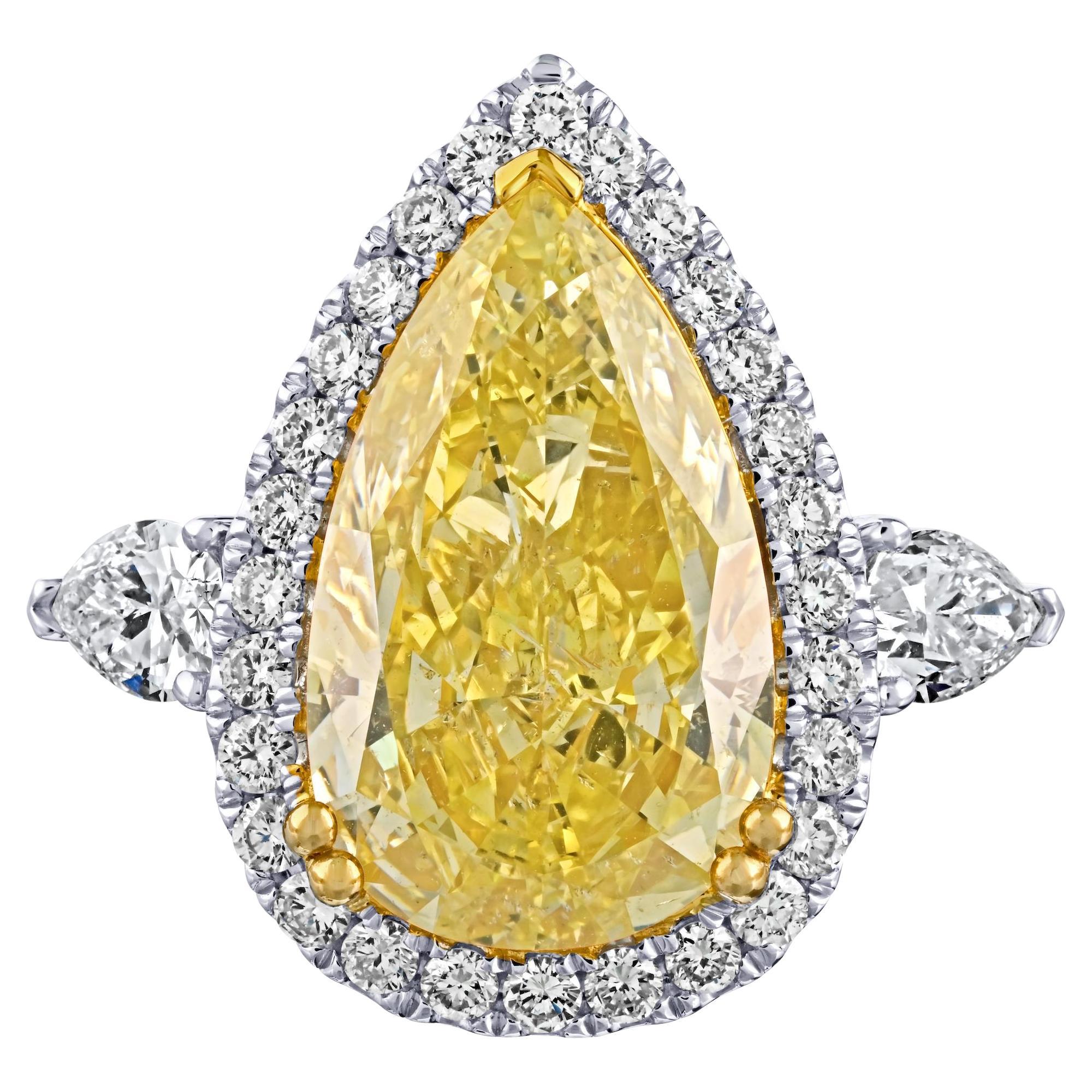 GIA Certified 6.06 Carat Intense Yellow Pear Diamond Filigree Engagement Ring For Sale