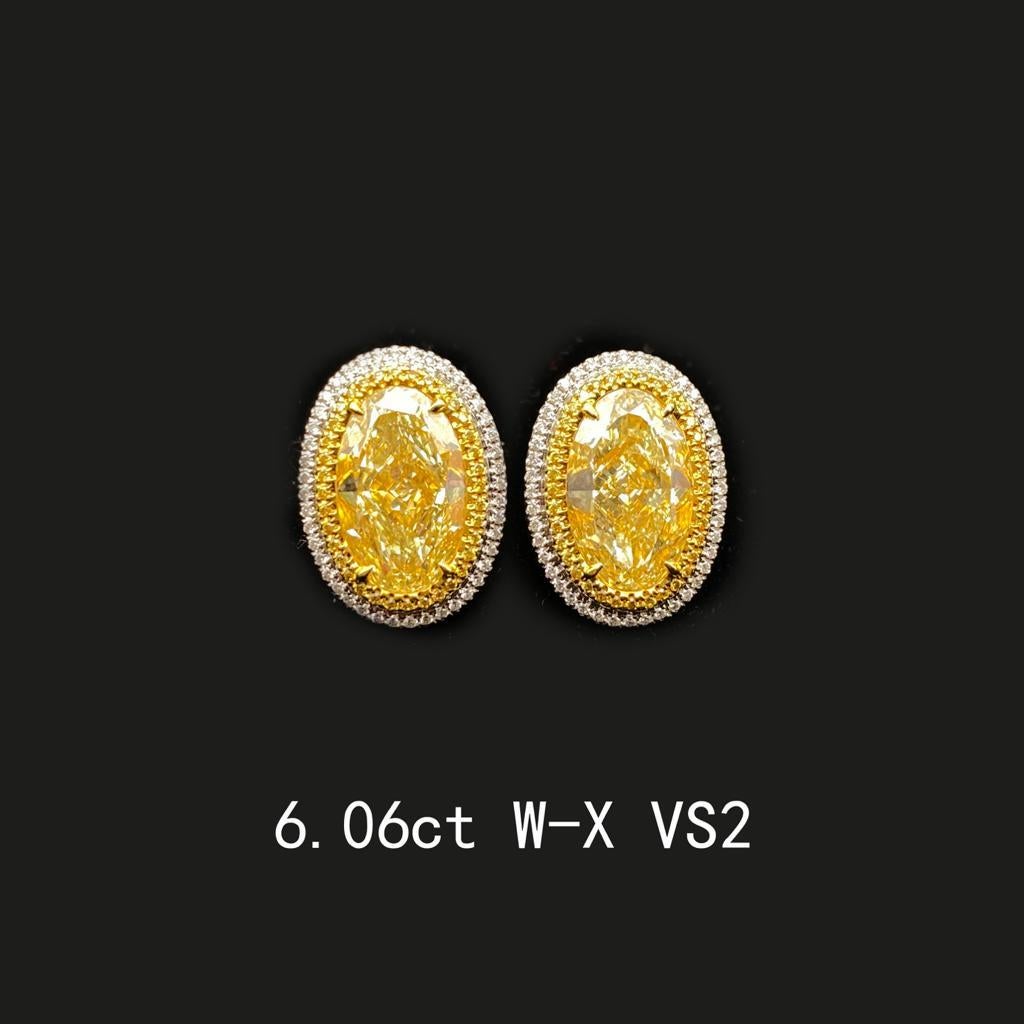 6.06ct OV, Y-X, VS2 diamond studs earrings set in 18KW/YG, 

+ 72psc Yellow Brilliant diamonds = 0.17cttw + 144psc BR = 0.31cttw

GIA certified #2215001813 & #5212002022 