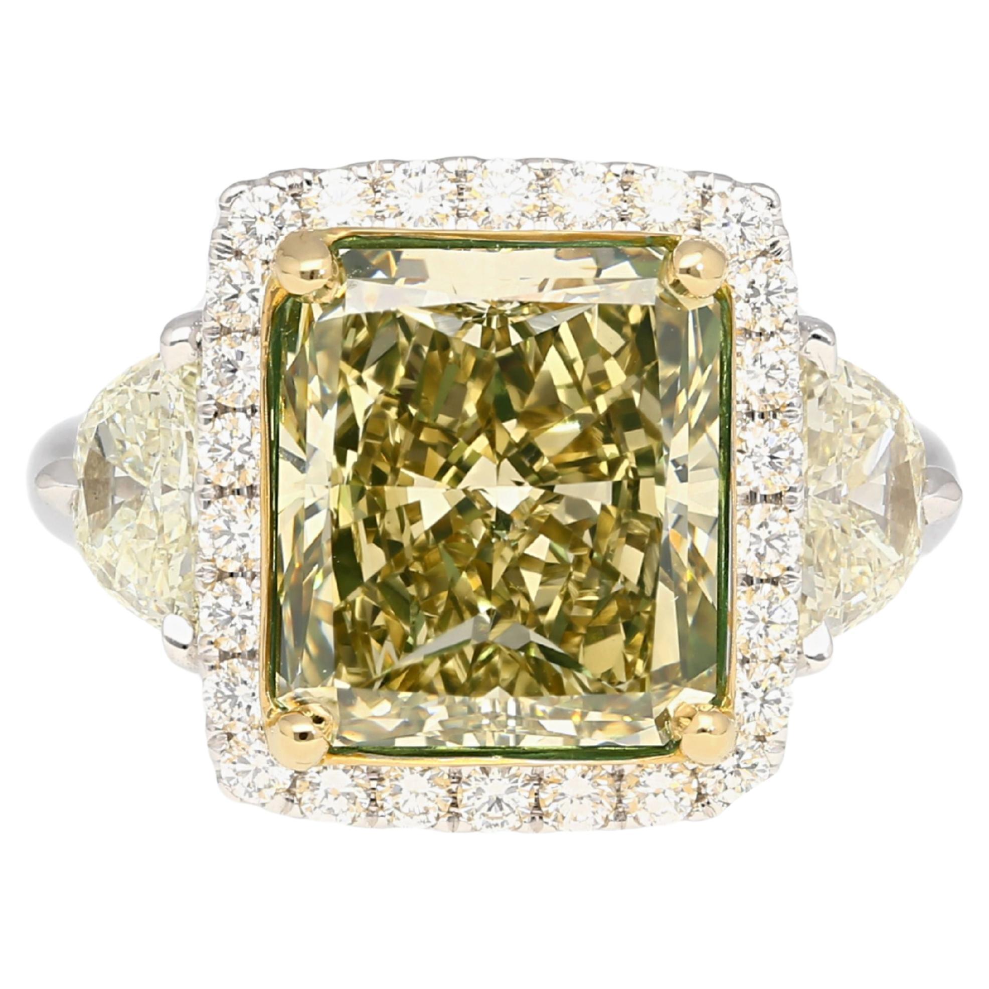 GIA Certified 6.07 Carat Radiant Cut Fancy Brownish Greenish Yellow Diamond Ring For Sale