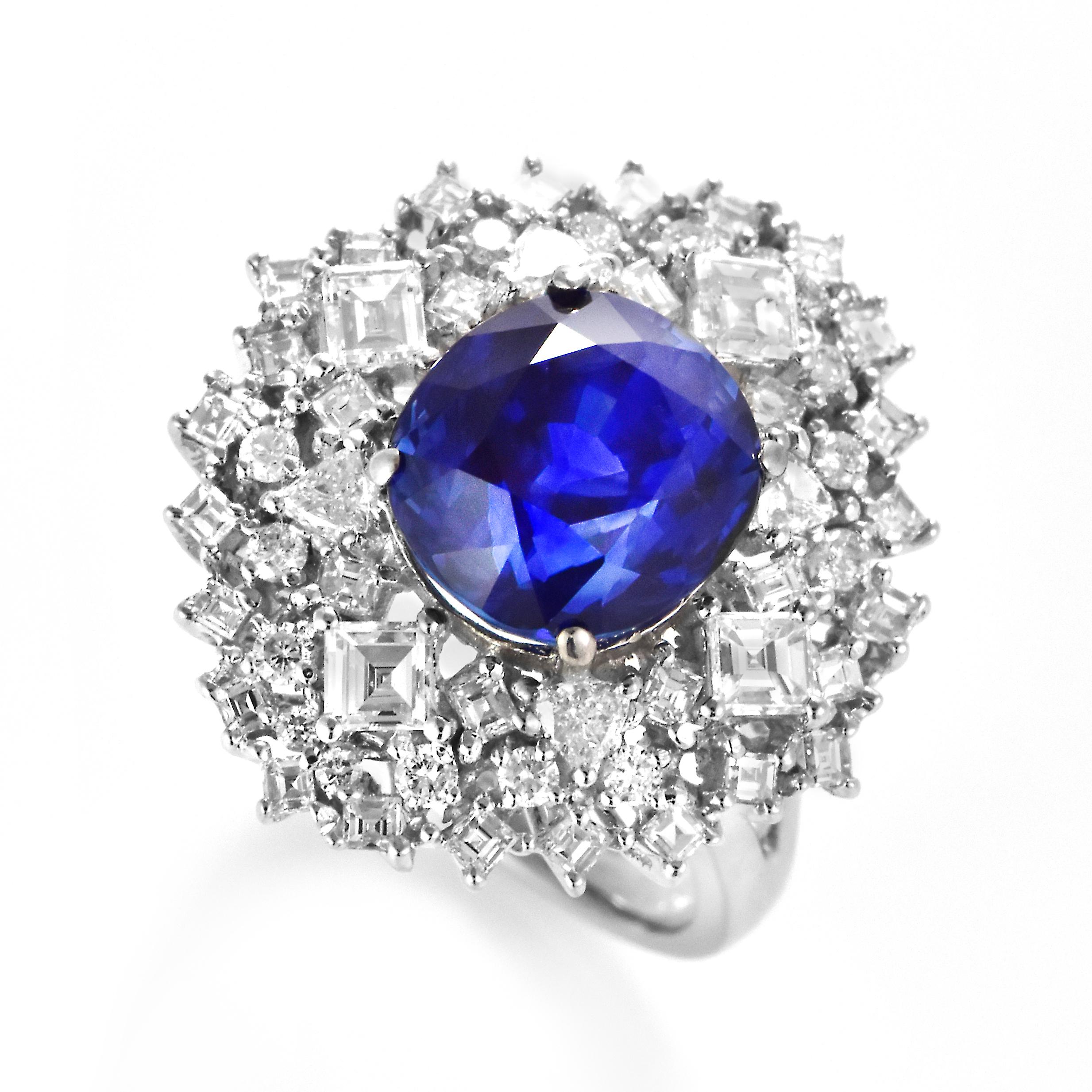 A beautiful ring featuring a GIA Certified 6.08 Carat Natural Royal Blue, Ceylon Sapphire and 1.75 Carat Diamond Accents set in Platinum. Sapphires have extraordinary durability - they excel in hardness as well as toughness and durability making