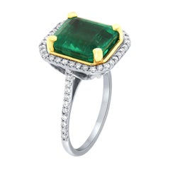 GIA Certified 6.09 Carat Green Emerald 18k White & Yellow Gold Halo Diamond Ring