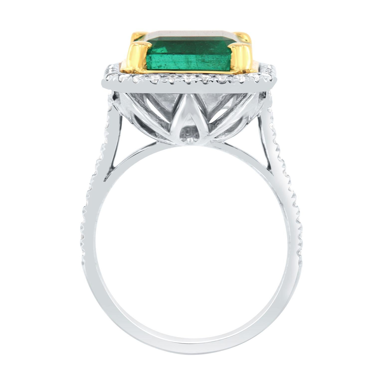 Asscher Cut GIA Certified 6.09 Carat Green Emerald 18k White & Yellow Gold Halo Diamond Ring For Sale
