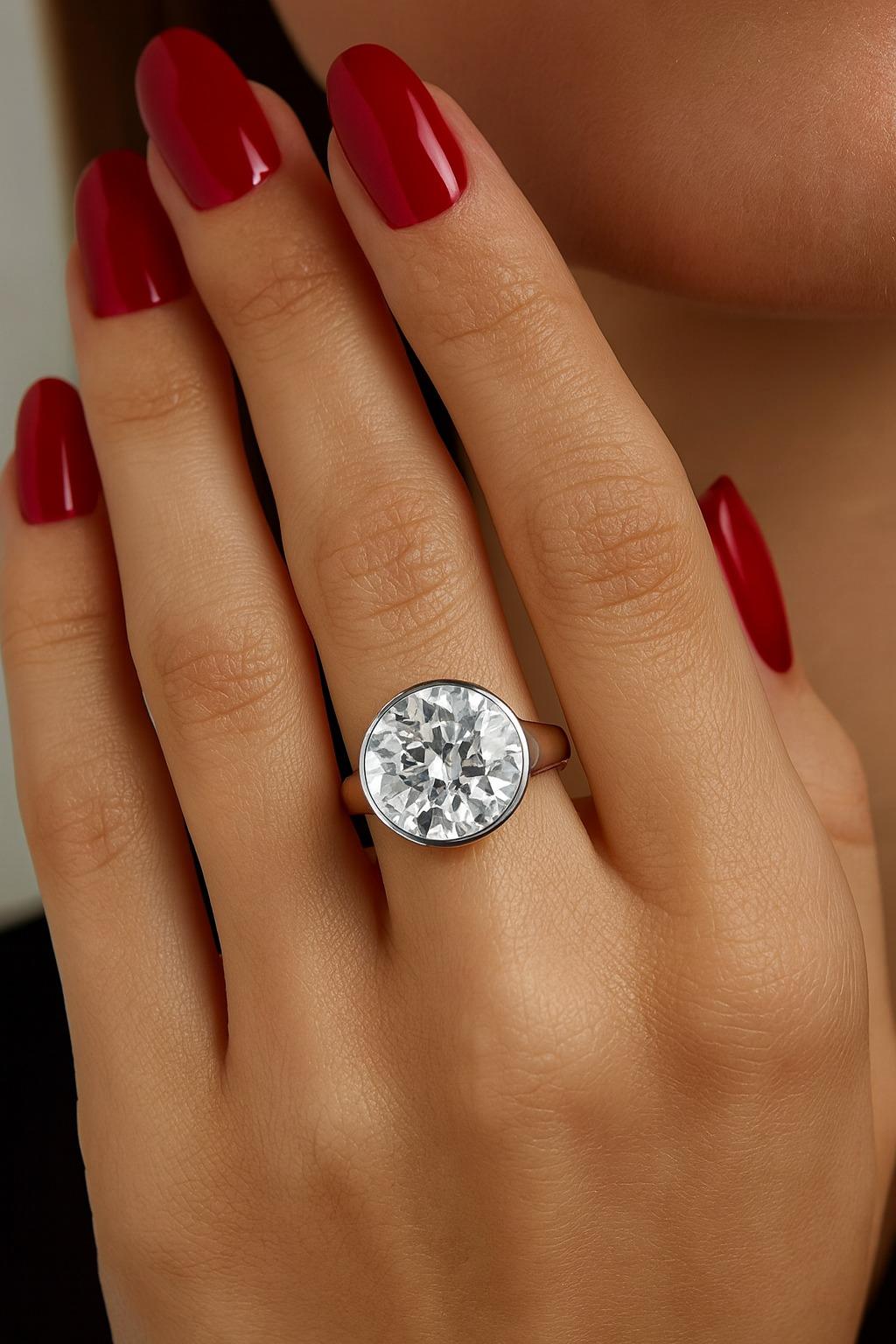 Taglio rotondo Anello con castone in platino con diamante rotondo taglio Brilliante da 6,09 carati certificato GIA in vendita