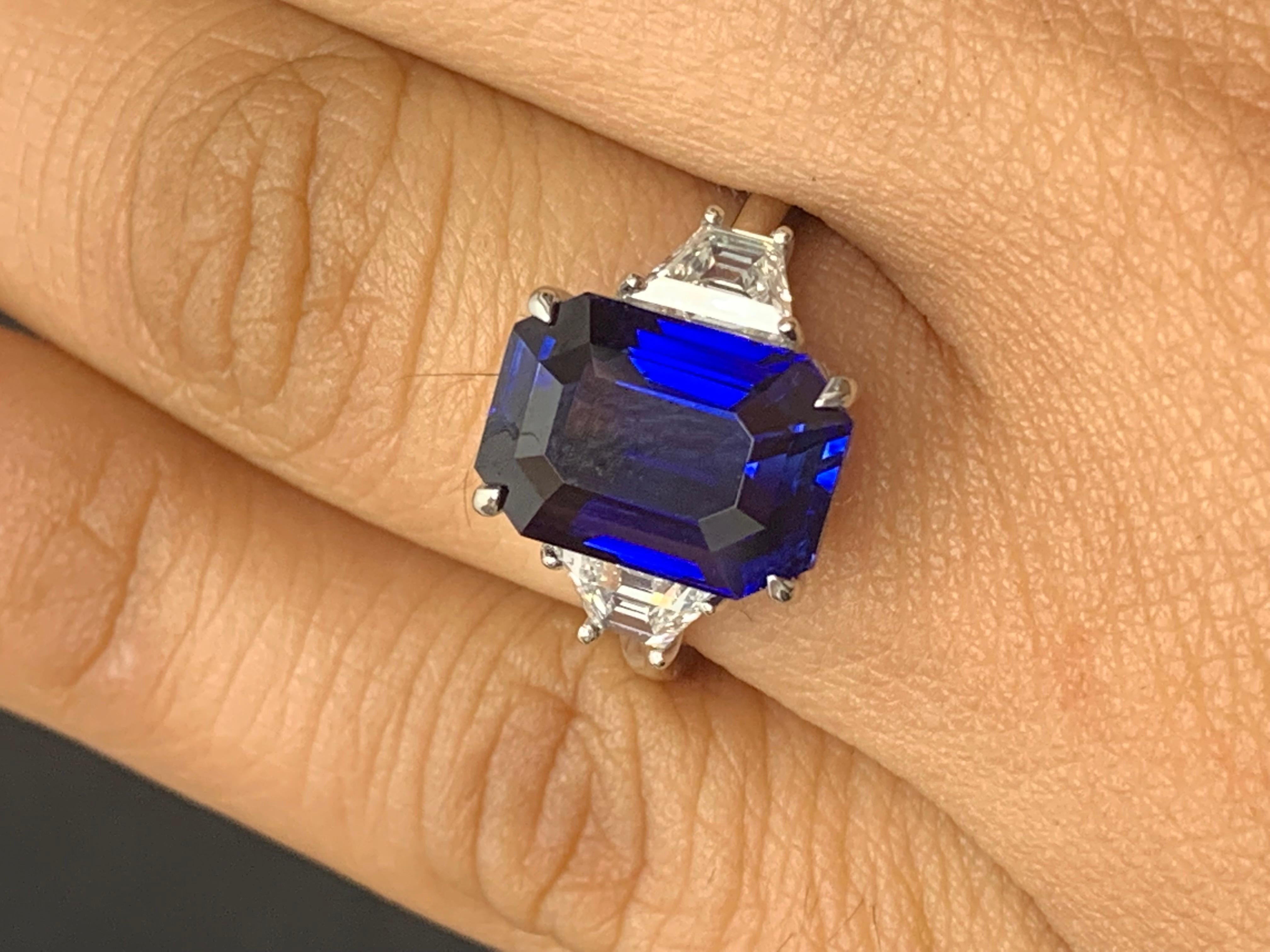 GIA Certified 6.10 Carat Emerald Cut Sapphire Engagement Ring in Platinum For Sale 2