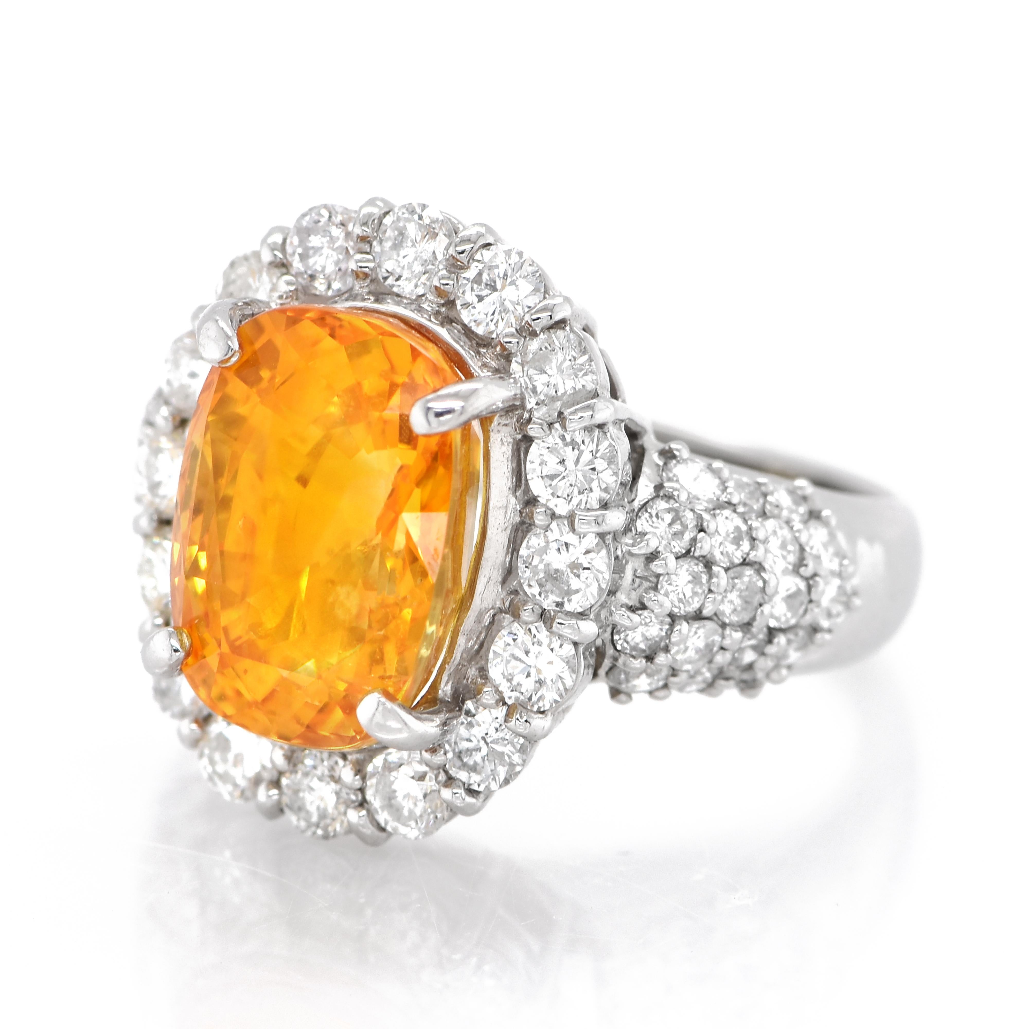 A stunning ring featuring a GIA Certified 6.10 Carat Natural Yellow Sapphire and 1.30 Carats of Diamond Accents set in Platinum. Sapphires have extraordinary durability - they excel in hardness as well as toughness and durability making them very