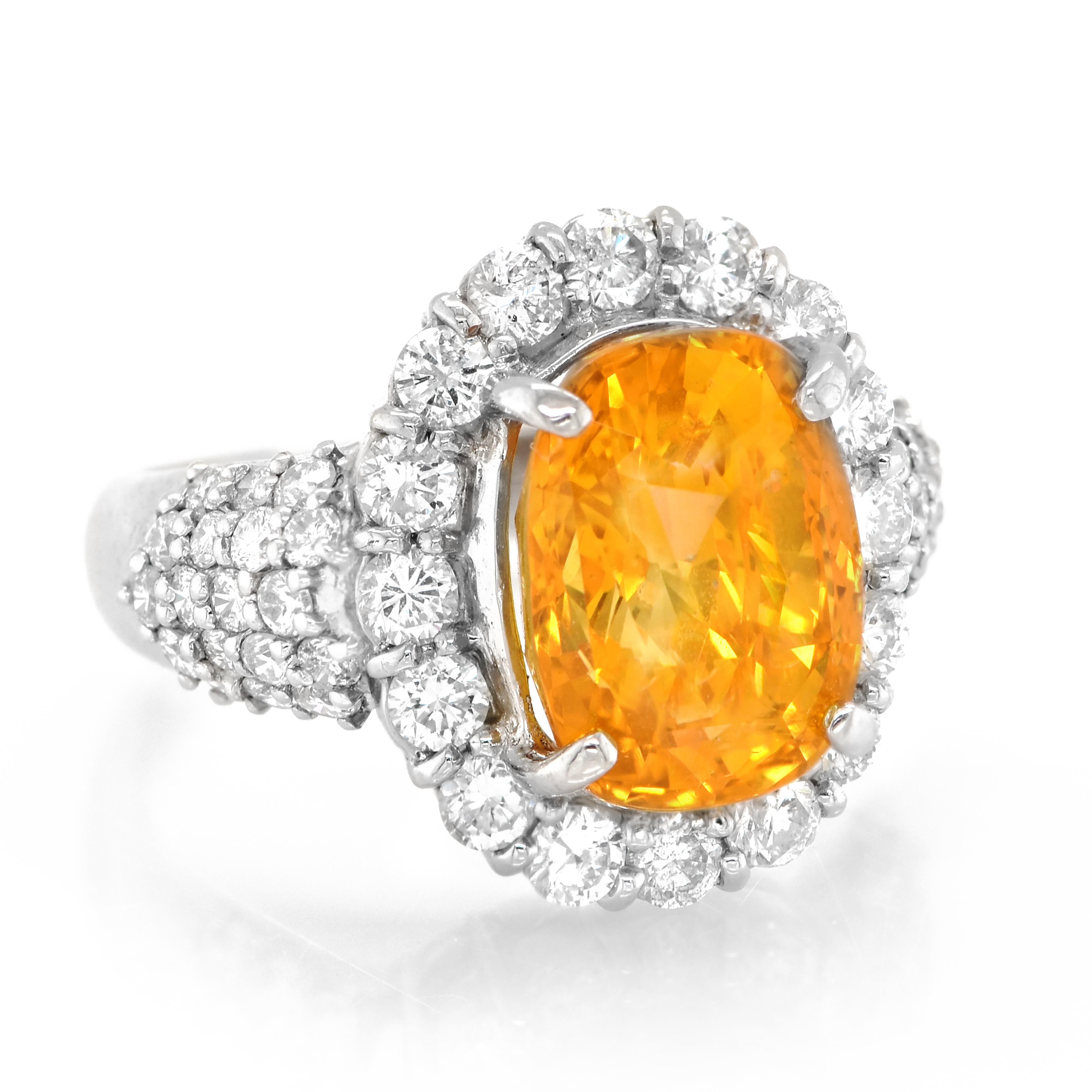 Modern GIA Certified 6.10 Carat Natural Yellow Sapphire & Diamond Ring Set in Platinum