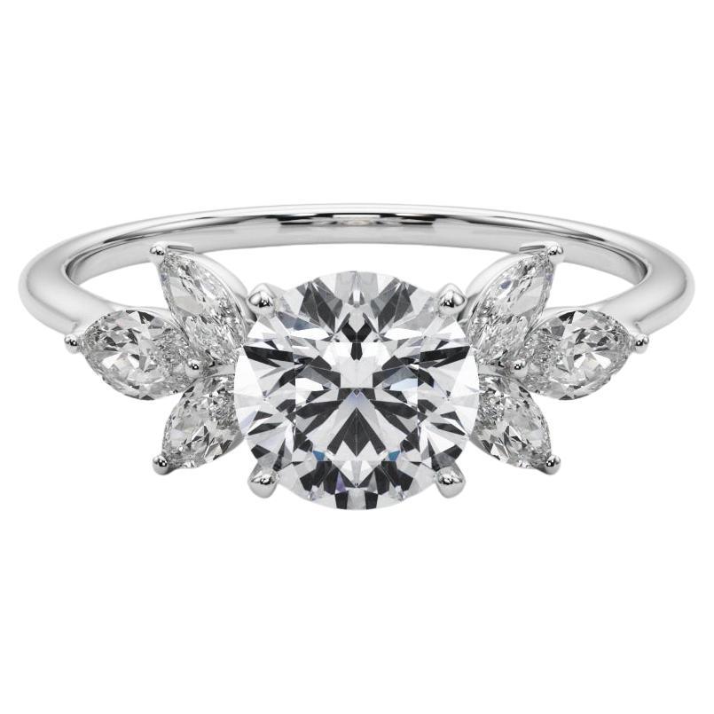 GIA Certified 6 Carat Diamond Ring Round Brilliant 18K Gold Marquise Accents en vente
