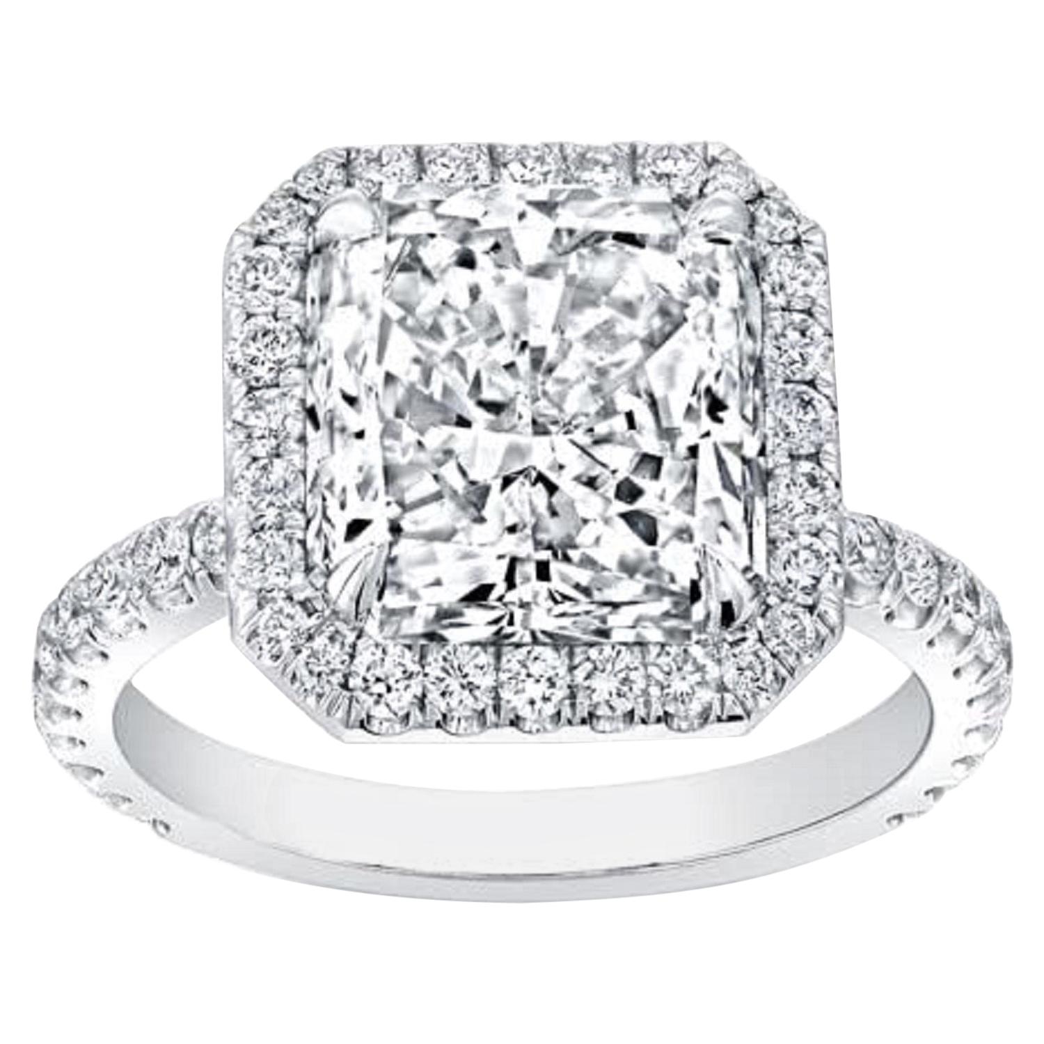 GIA Certified 6 Carat Square Radiant Diamond Halo Solitaire Ring