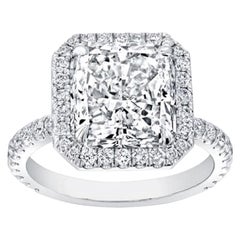 GIA Certified 6 Carat Square Radiant Diamond Halo Solitaire Ring