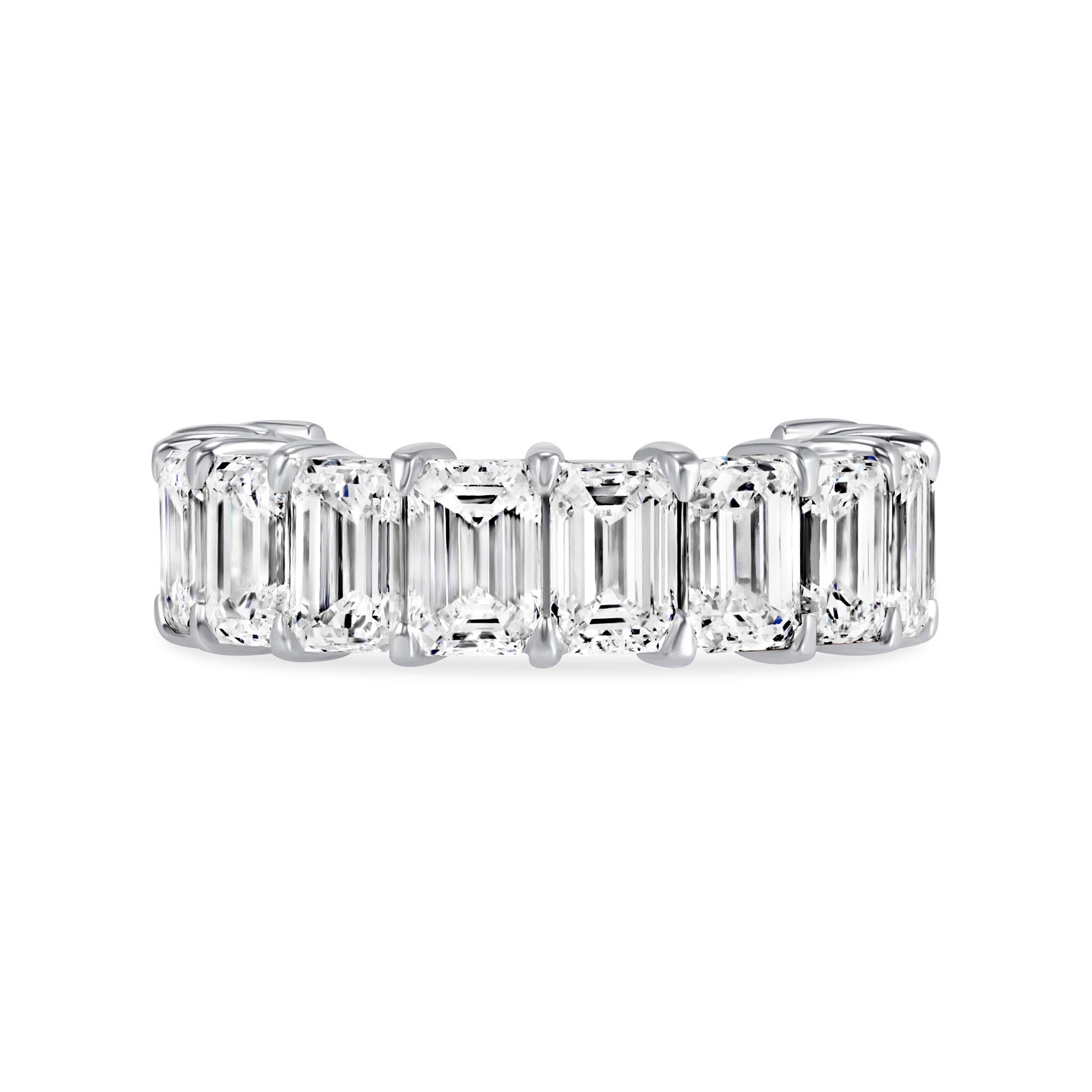 Emerald Cut Diamond Half Eternity Ring in Platinum. This beautiful ring has twelve emerald cut diamonds GIA certified E color, IF-VVS1 clarity with a total weight of 6.11 carats.
