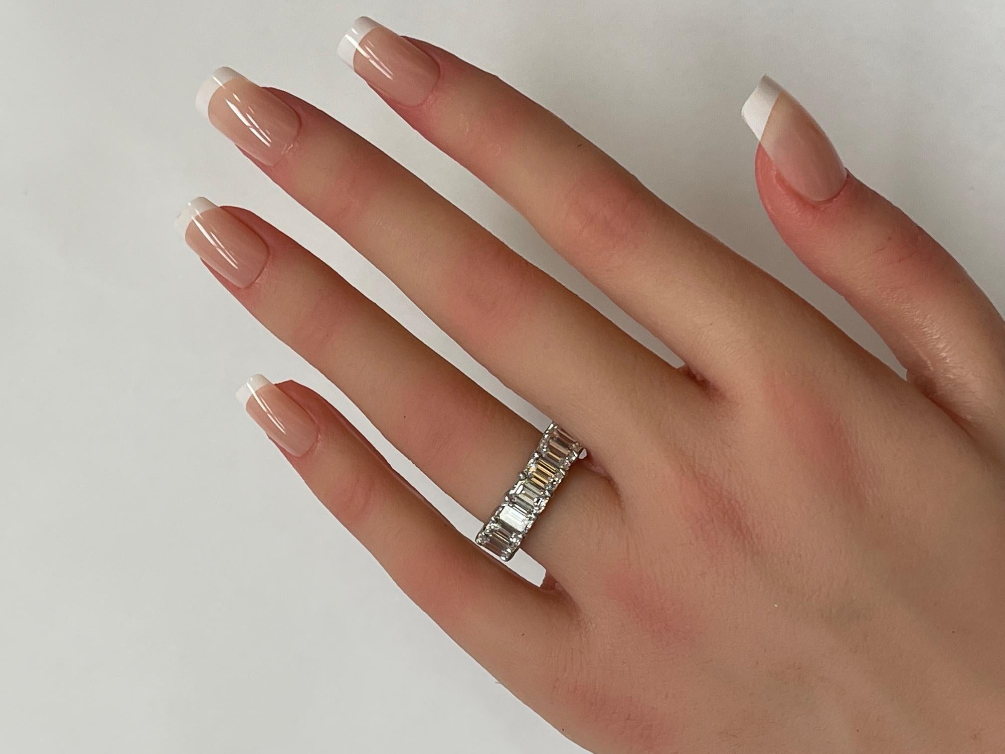 GIA Certified 6.11 Ctw. Emerald Cut Diamond Half Eternity Ring in Platinum For Sale 1