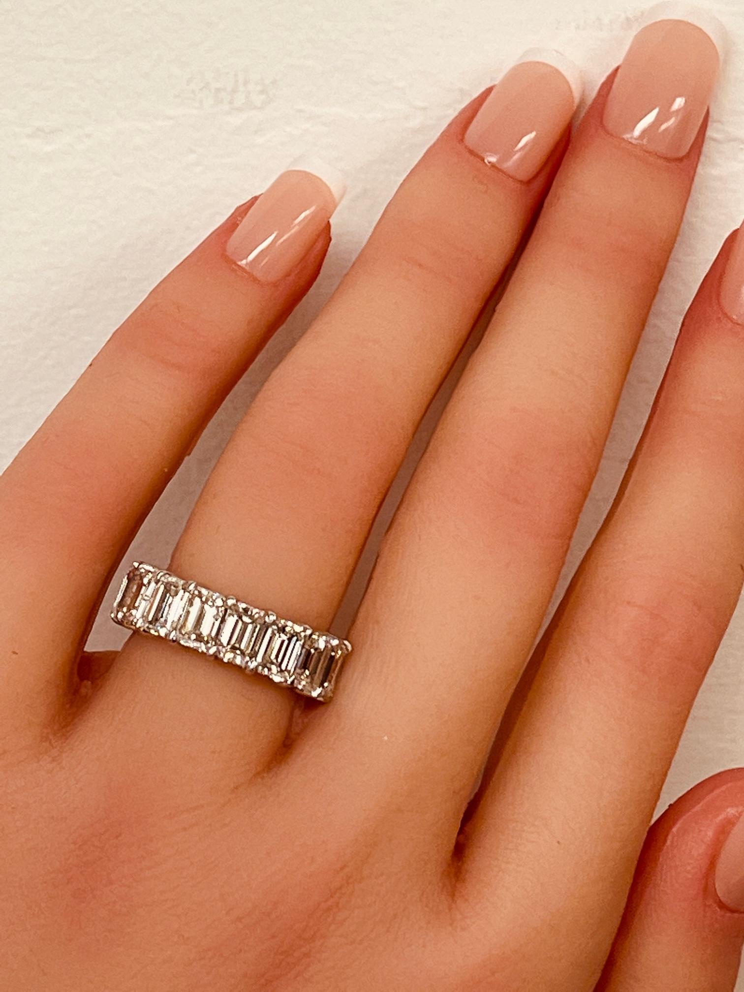 GIA Certified 6.11 Ctw. Emerald Cut Diamond Half Eternity Ring in Platinum For Sale 2
