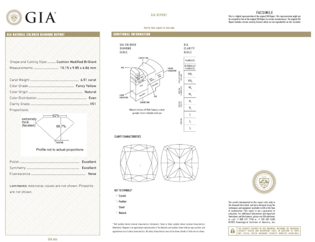 Bague en platine avec diamant jaune fantaisie taille coussin de 6,12 carats certifié GIA VVS2 en vente 3