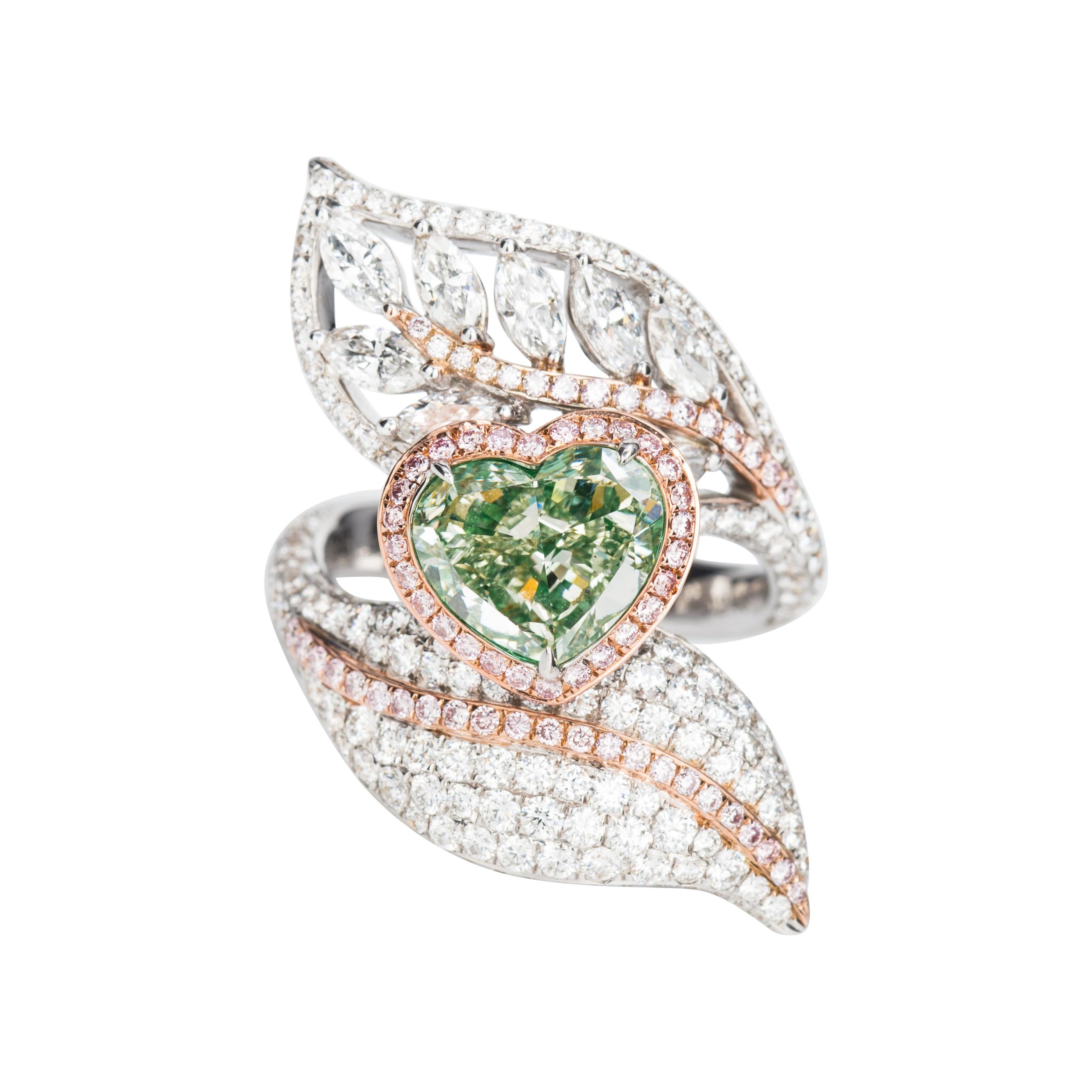 GIA Certified 6.13 Carat Fancy Yellow Green and Pink Diamond Ring in 18k Gold