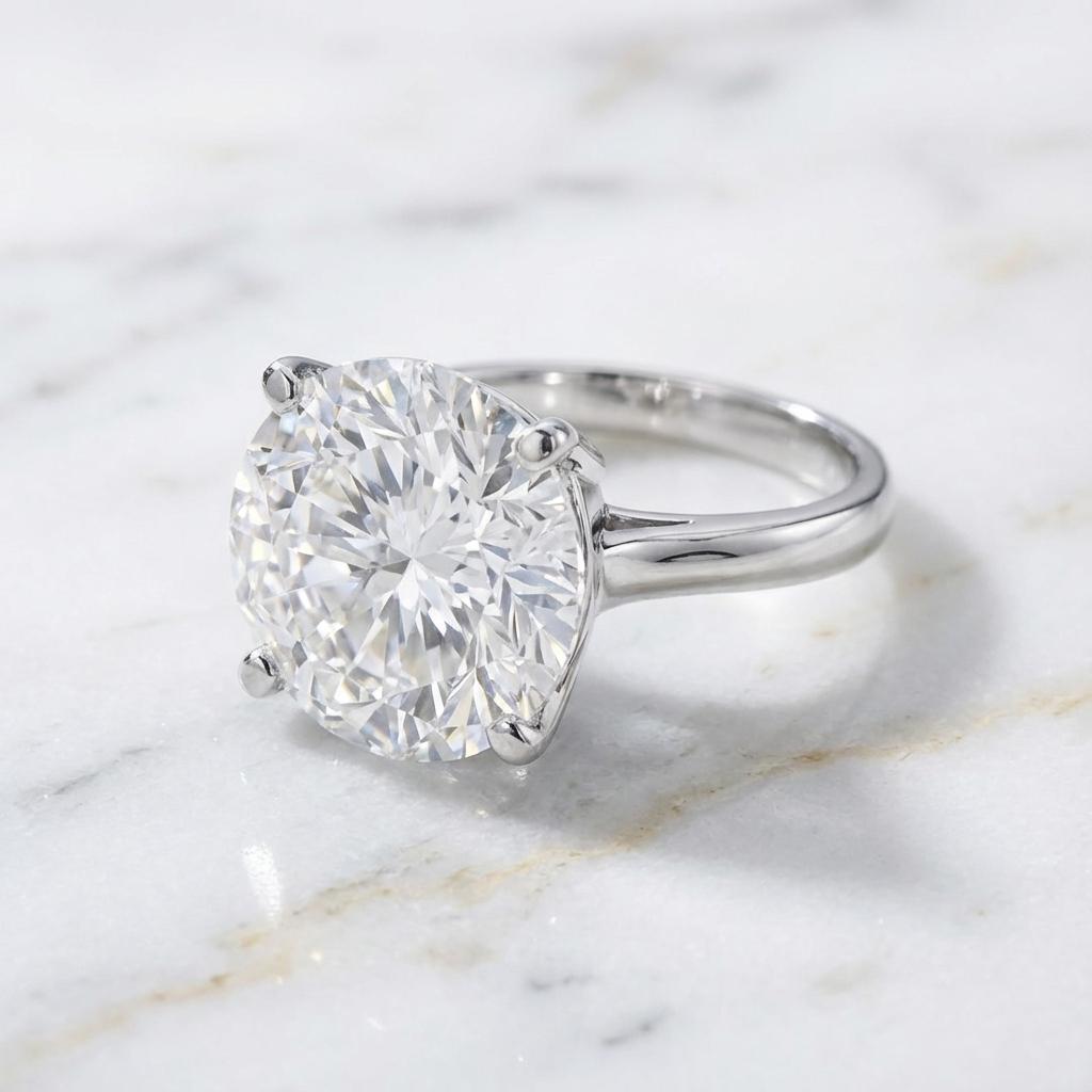 Dieser außergewöhnliche Ring enthält einen GIA-zertifizierten 6,13-Karat-Diamanten im runden Brillantschliff, mit der Farbe D und lupenreiner Reinheit, mit ausgezeichnetem Schliff, Politur und Symmetrie und ohne Fluoreszenz. Mit den Maßen