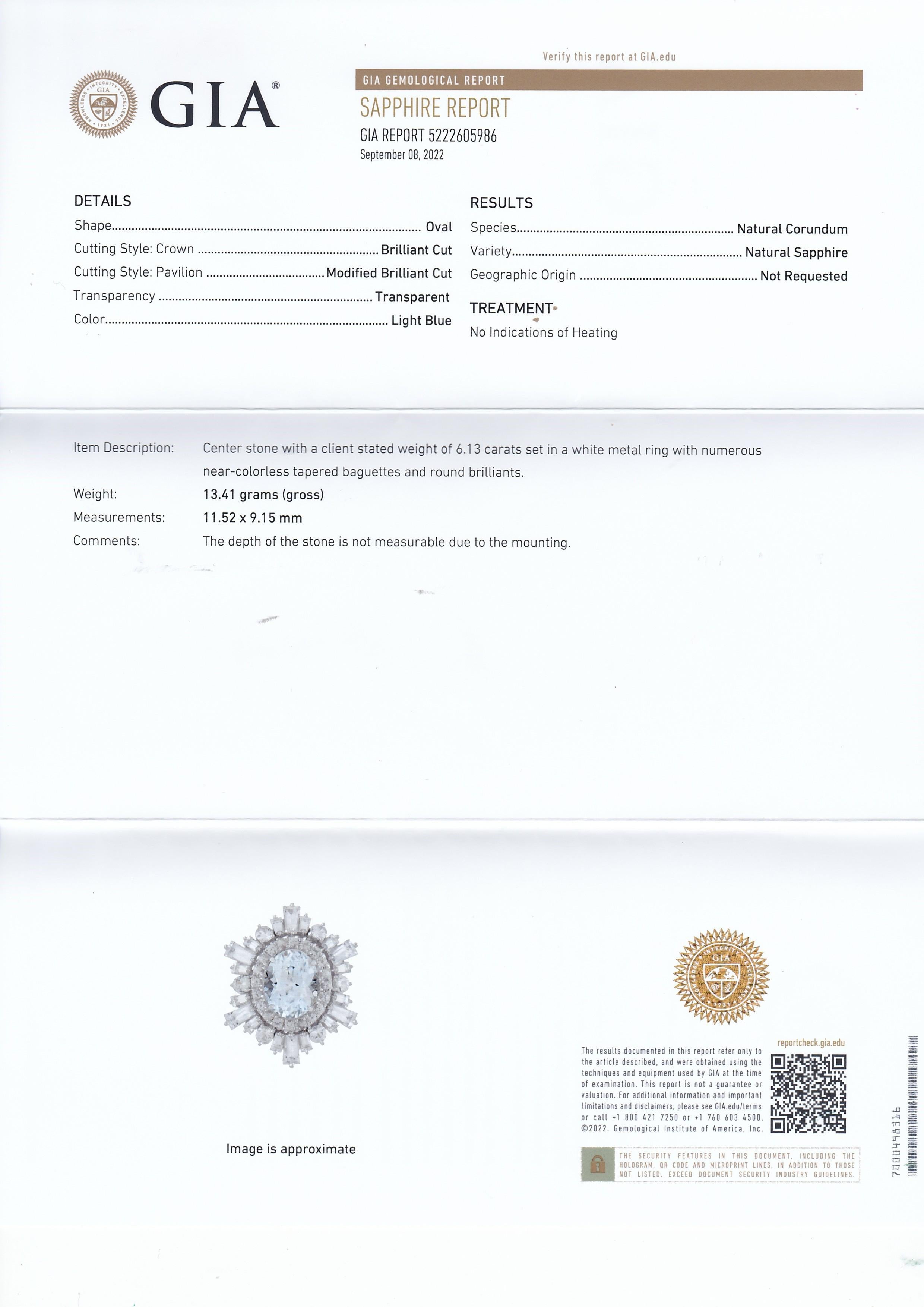 Bague en or 18 carats certifiée GIA 6,13 carats saphir incolore diamant Neuf - En vente à Weston, MA