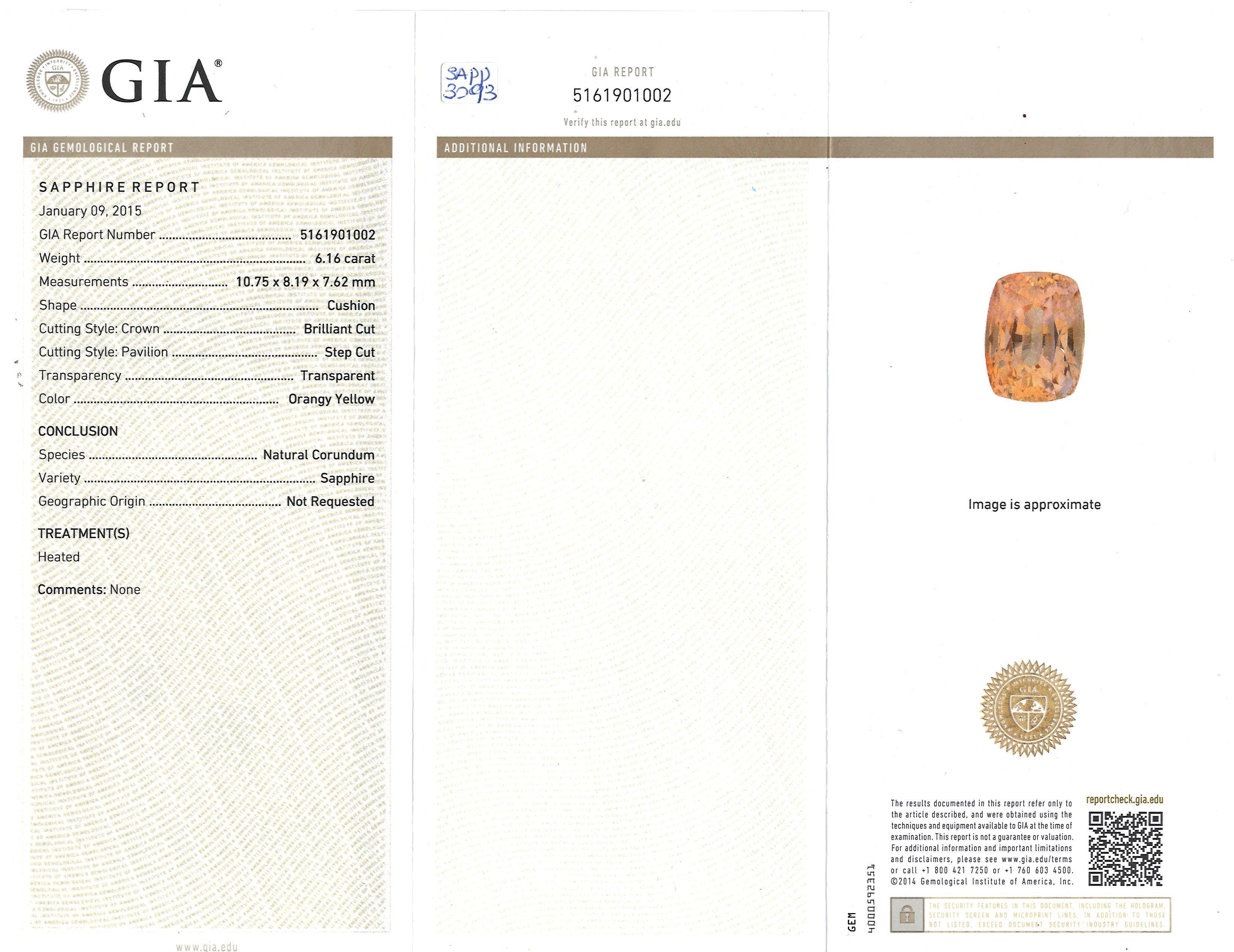 Saphir chauffé de 6,16 carats certifié GIA (jaune orangé) Unisexe en vente