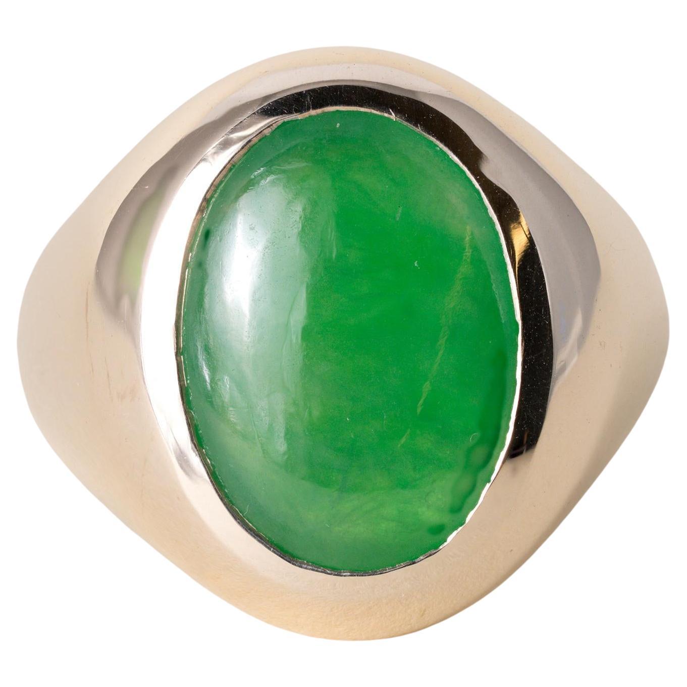 GIA Certified 6.17 Carat Jade No Treatment Bezel Set 18K Gold Vintage Ring For Sale