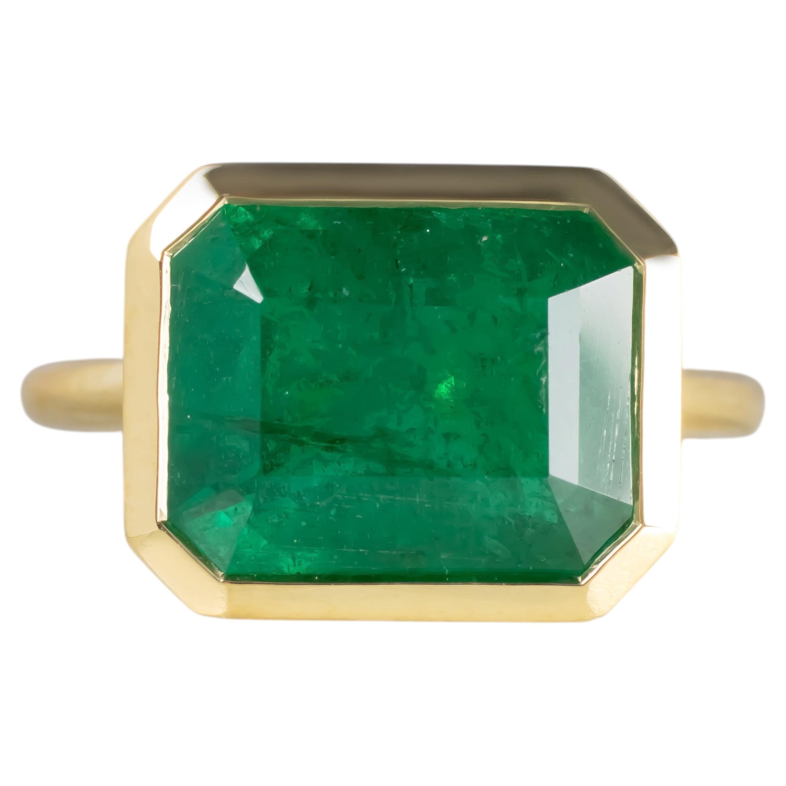 GIA Certified 6.18 Carat Emerald Cut Emerald Bezel Set Ring in 18K Yellow Gold