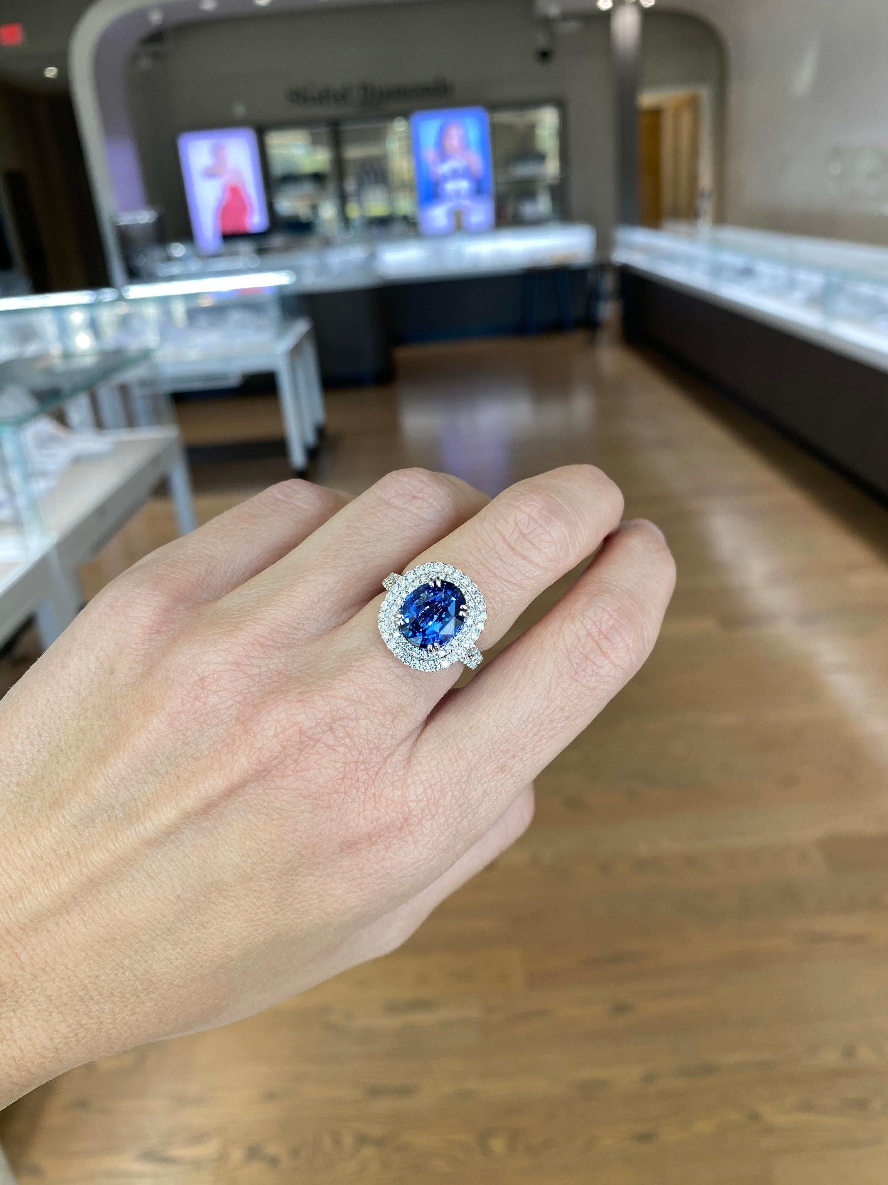 GIA Certified 6.18 Carat Oval Shaped Sri Lankan Sapphire & Diamond Ring For Sale 5