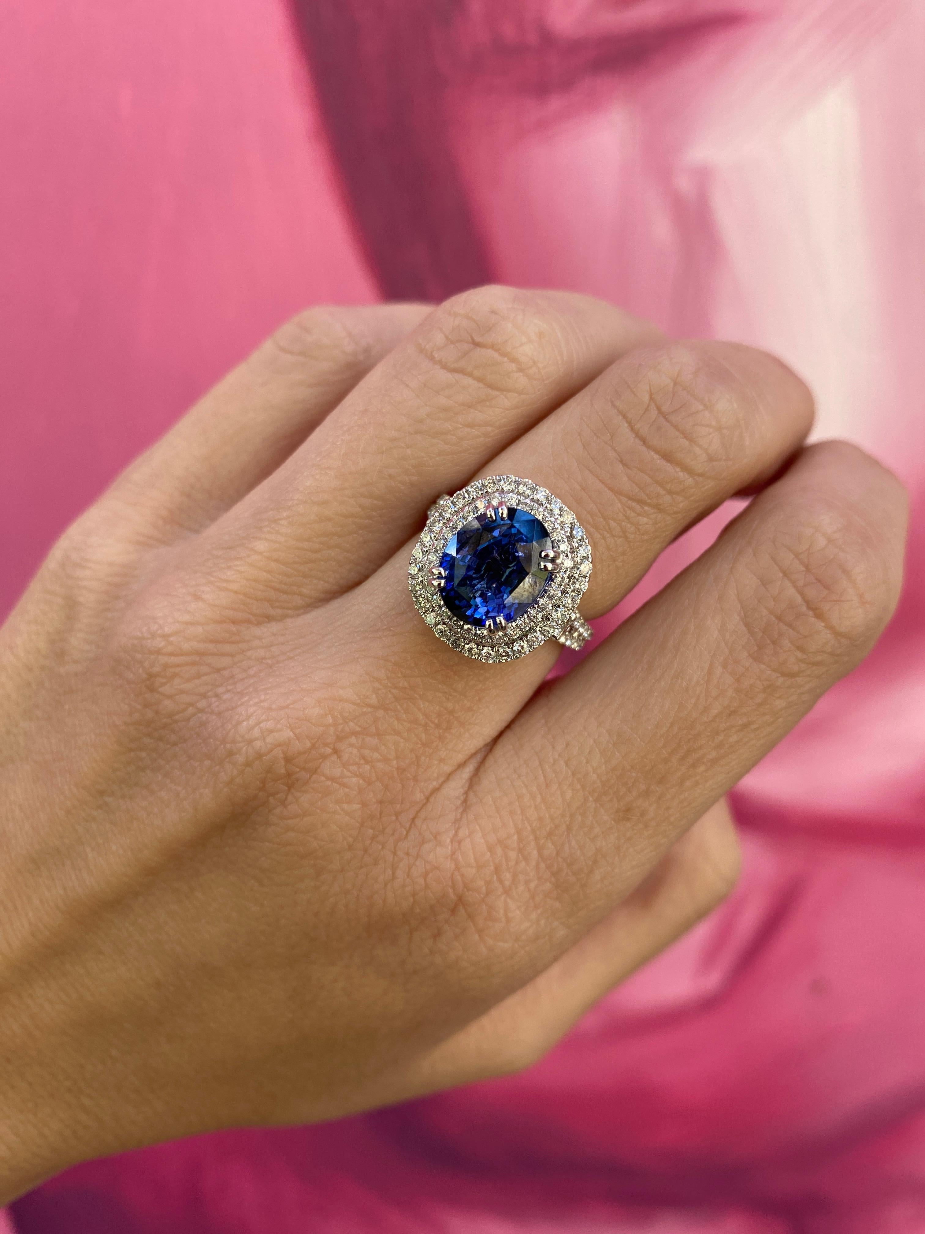 GIA Certified 6.18 Carat Oval Shaped Sri Lankan Sapphire & Diamond Ring For Sale 6