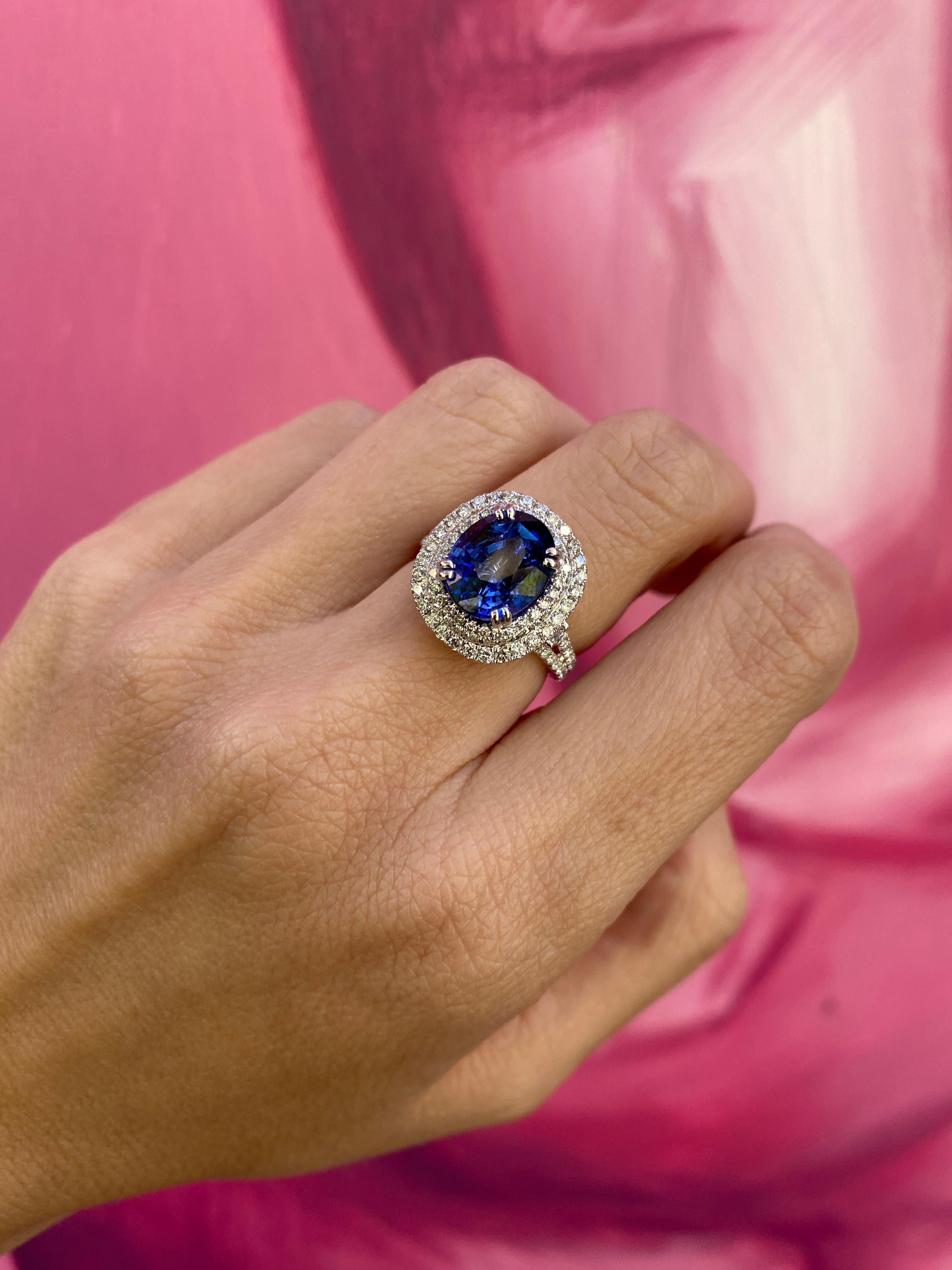GIA Certified 6.18 Carat Oval Shaped Sri Lankan Sapphire & Diamond Ring For Sale 7