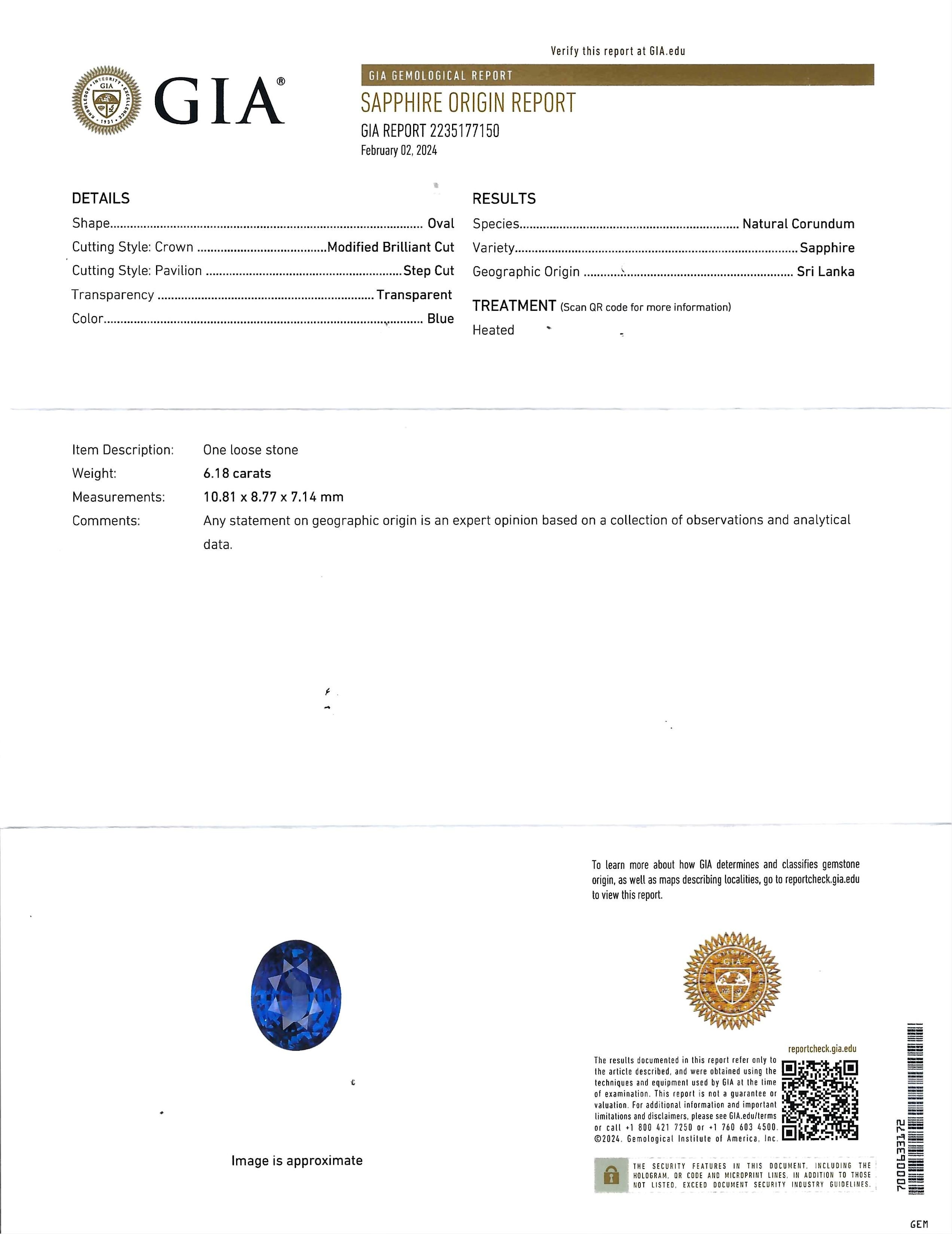 GIA Certified 6.18 Carat Oval Shaped Sri Lankan Sapphire & Diamond Ring In New Condition For Sale In Houston, TX