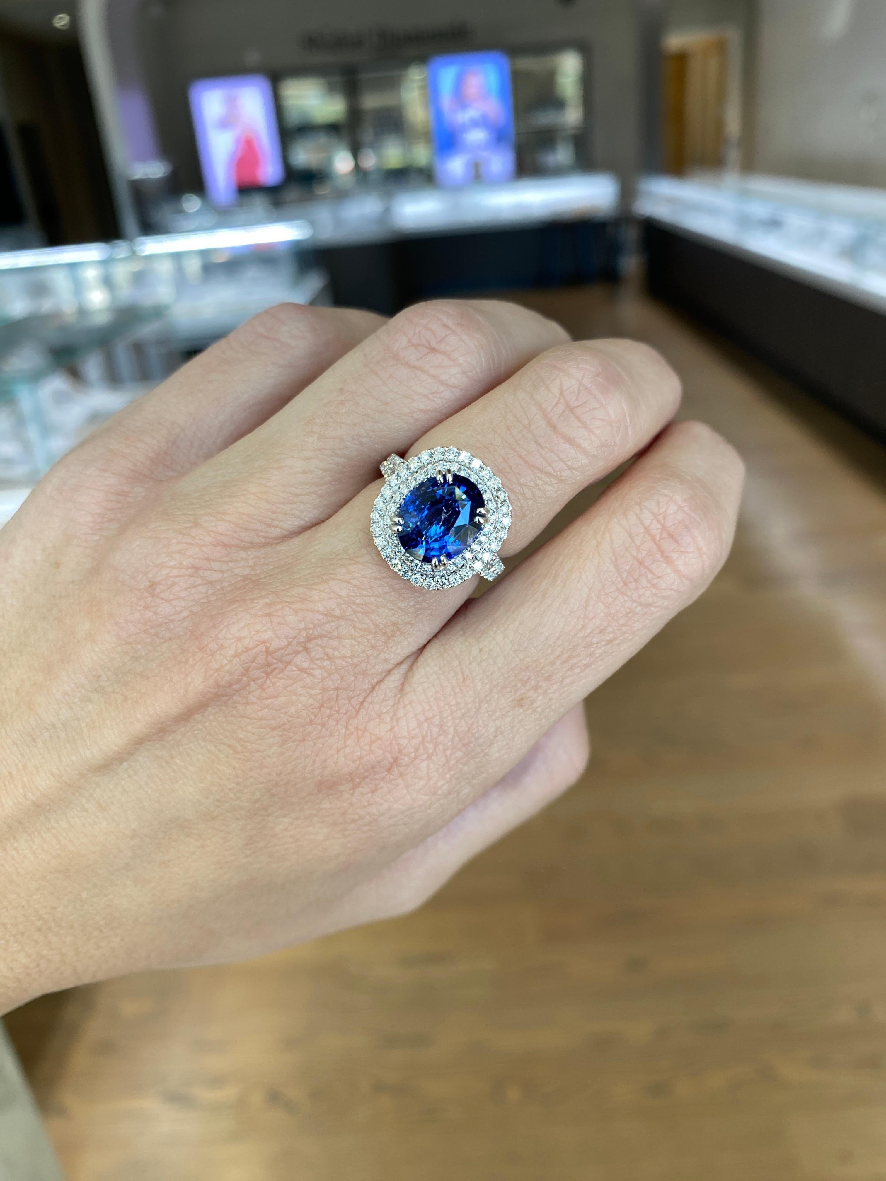 GIA Certified 6.18 Carat Oval Shaped Sri Lankan Sapphire & Diamond Ring For Sale 3