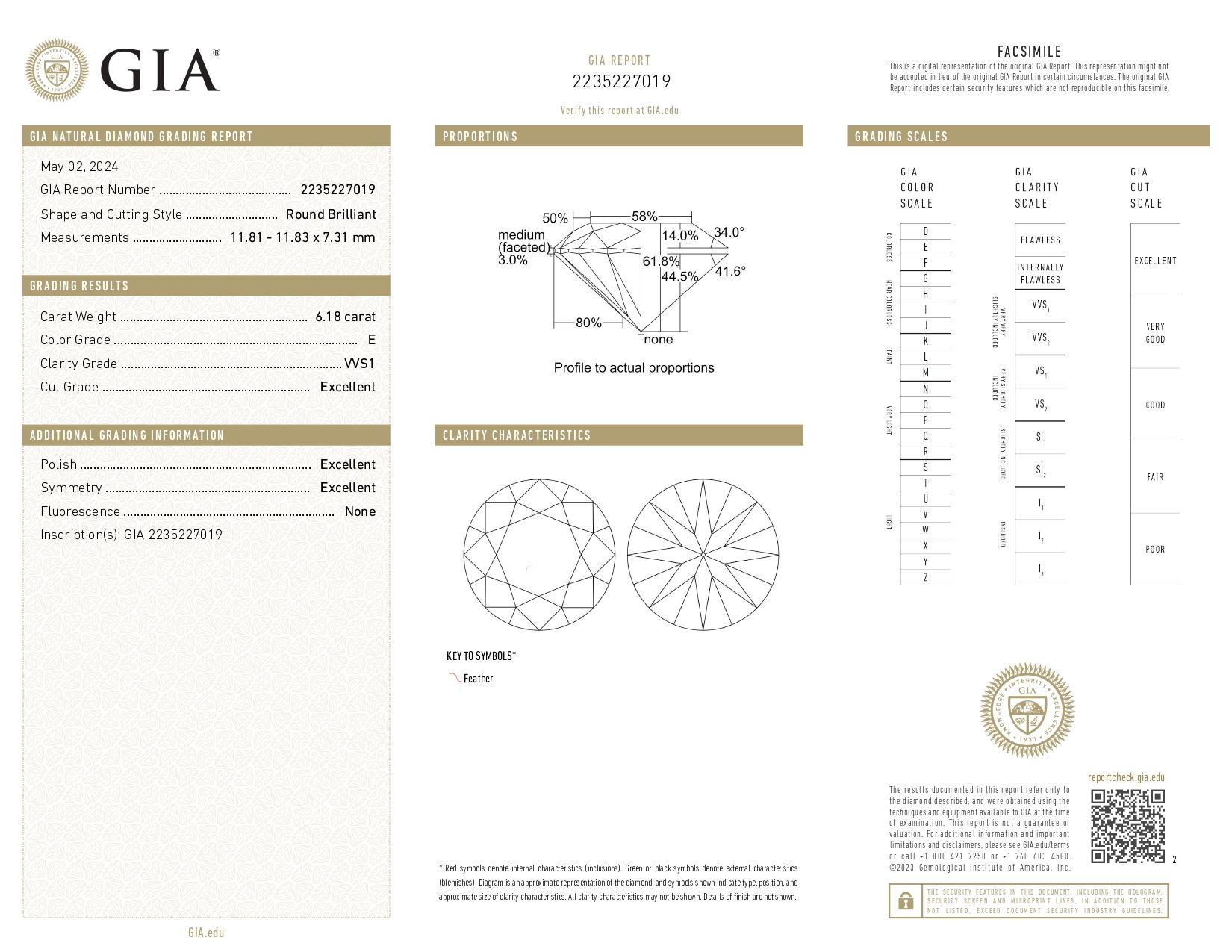 GIA Certified 6.18 Carat Round Cut Diamond E Color VVS1 with tapered baguette In New Condition For Sale In Chicago, IL