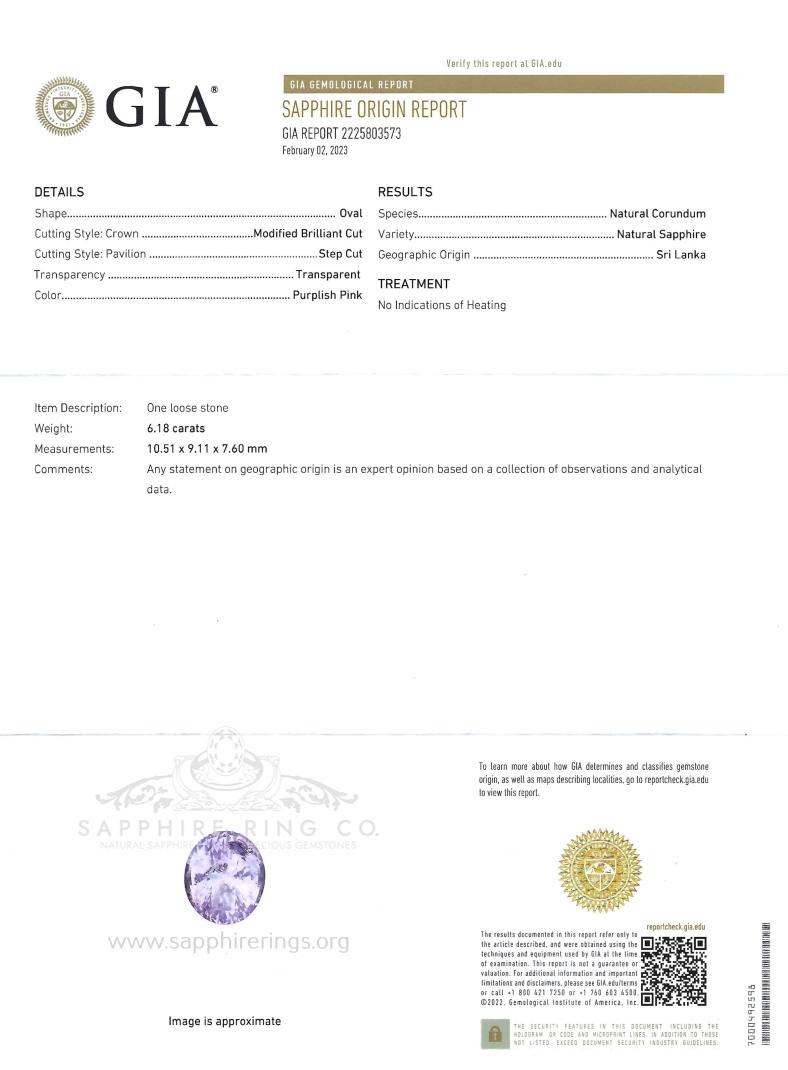 New  18kt rose gold pink sapphire & diamond ring, set with a modified oval cut untreated pink Ceylon sapphire measuring 10.51 x 9.11 x 7.60 mm with an exact carat weight of 6.18 ct, very light, very slightly brownish, slightly purplish red color