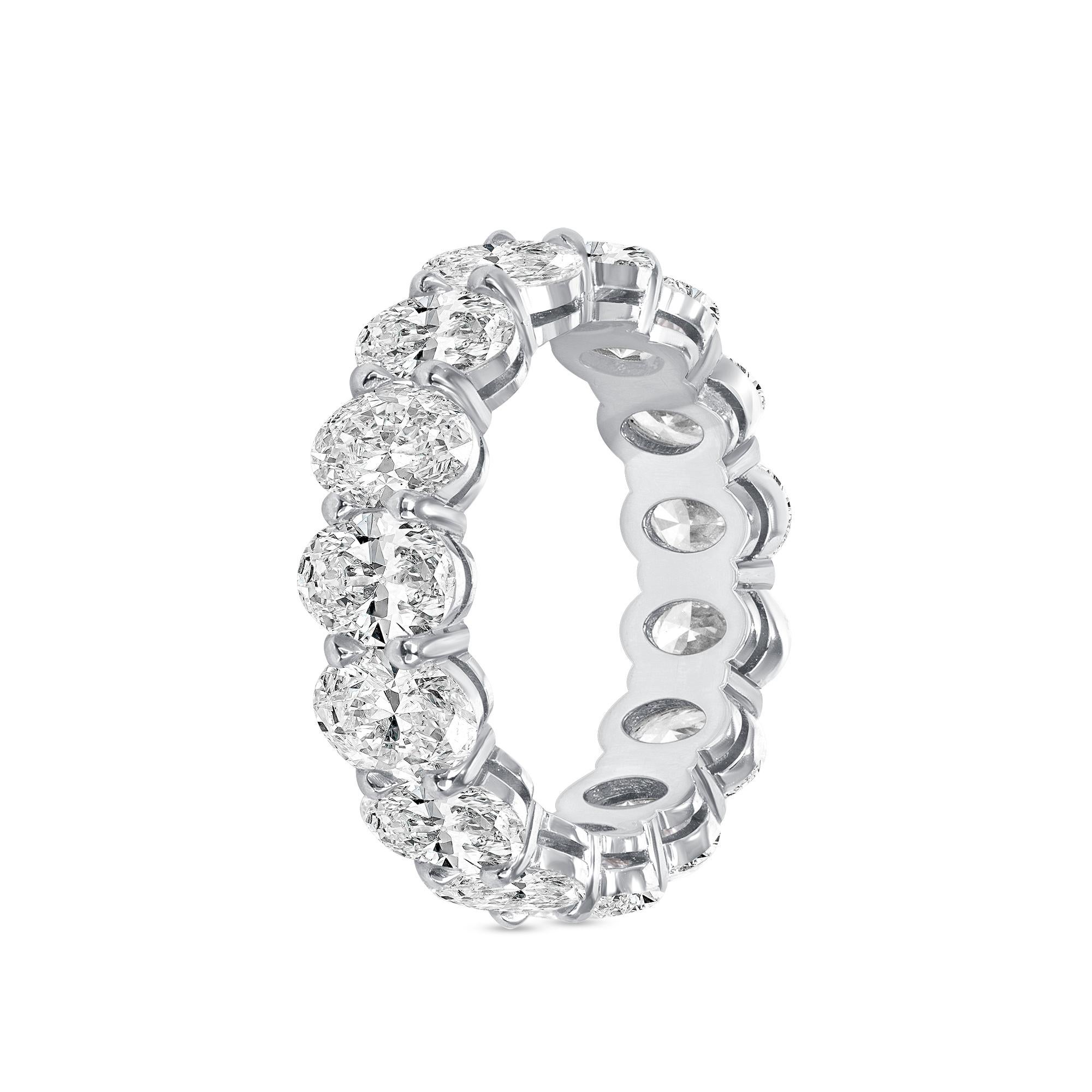 Oval Cut Diamond Eternity Band set in Platinum. This eternity band has fifteen oval brilliant diamonds GIA certified D to F color, IF to VVS clarity with a total weight of 6.18 carats.
