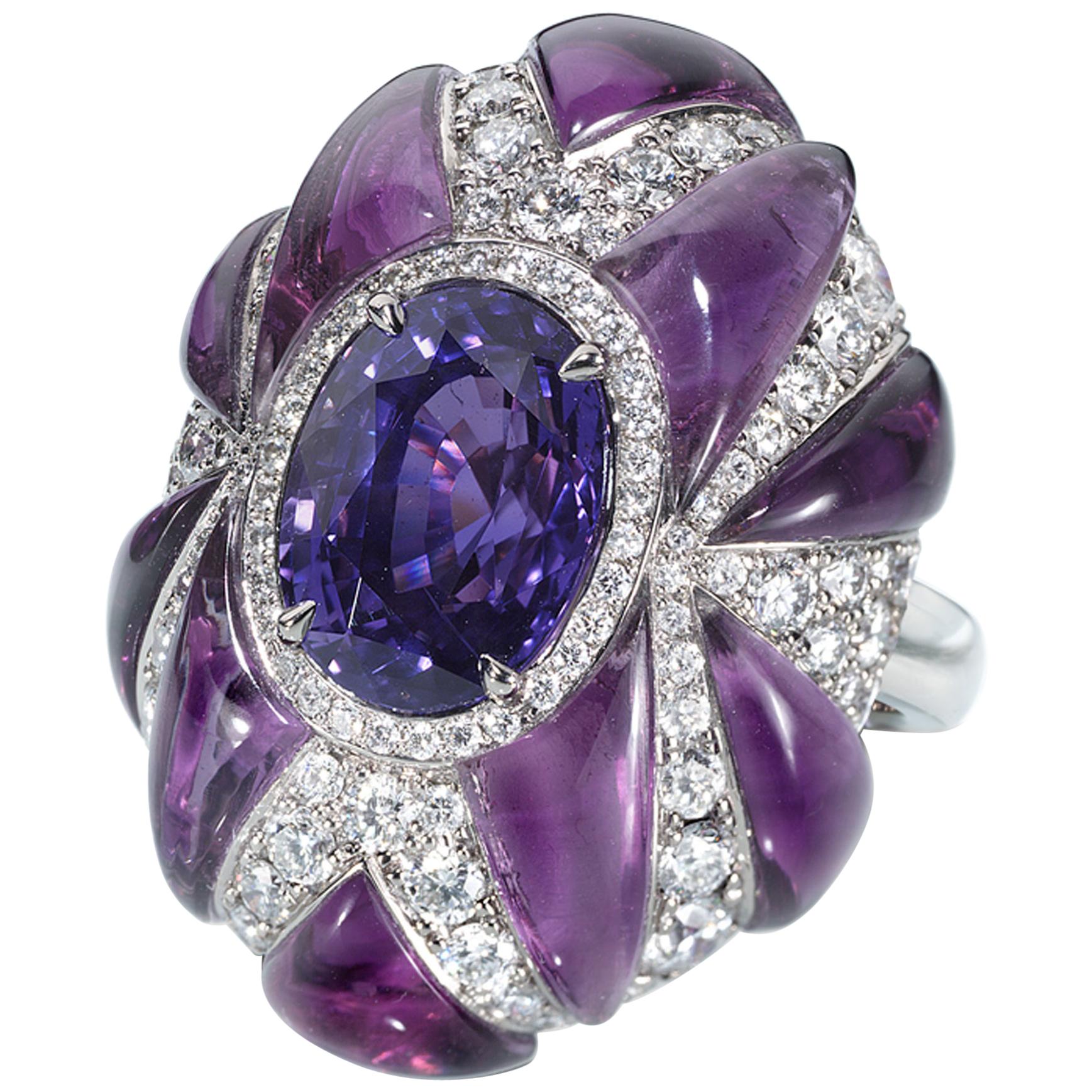 GIA Certified 6.19 Blue-Purple "Color Change" Sapphire, Amethyst & Diamond Ring For Sale