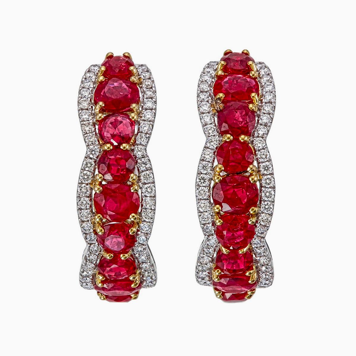 Oval Cut GIA Certified 6.21 Carat No Heat Burma Pigeon Blood Ruby and Diamond Earrings For Sale