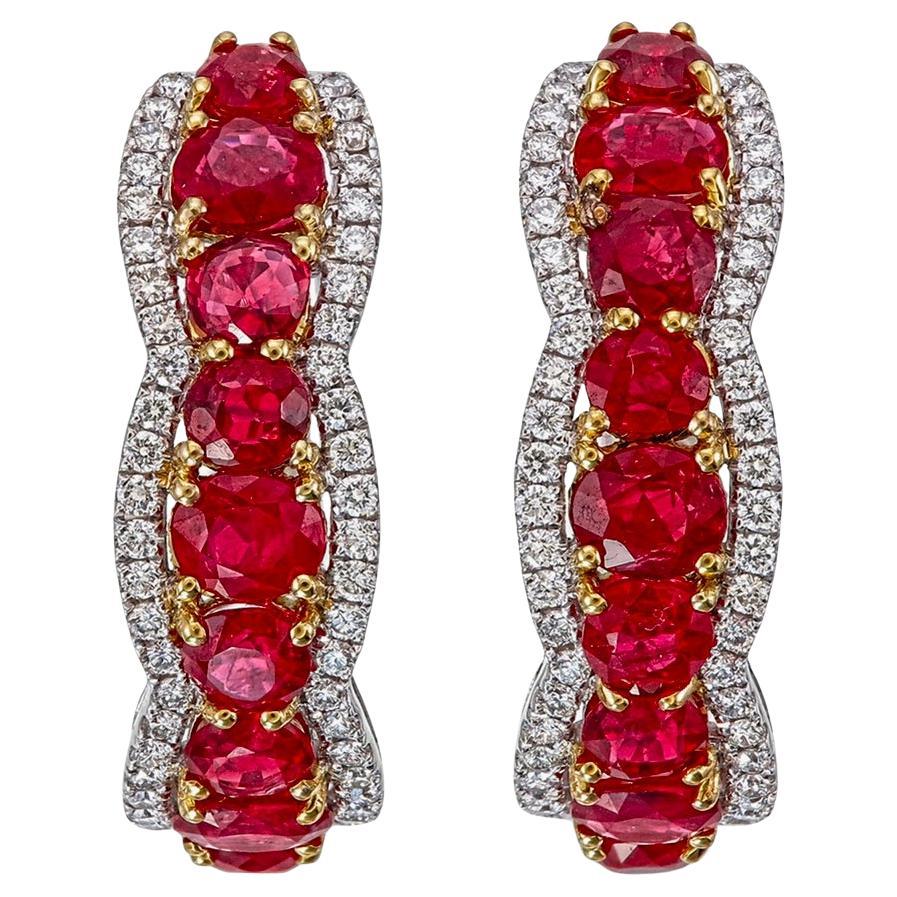 GIA Certified 6.21 Carat No Heat Burma Pigeon Blood Ruby and Diamond Earrings For Sale