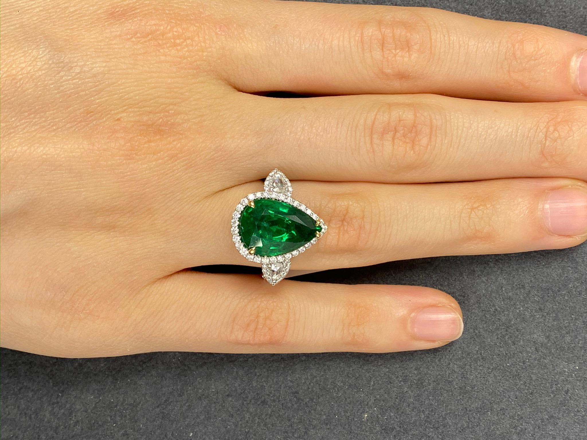 Pear Cut GIA Certified 6.21 Carat Pear Shape Emerald and Diamond Ring