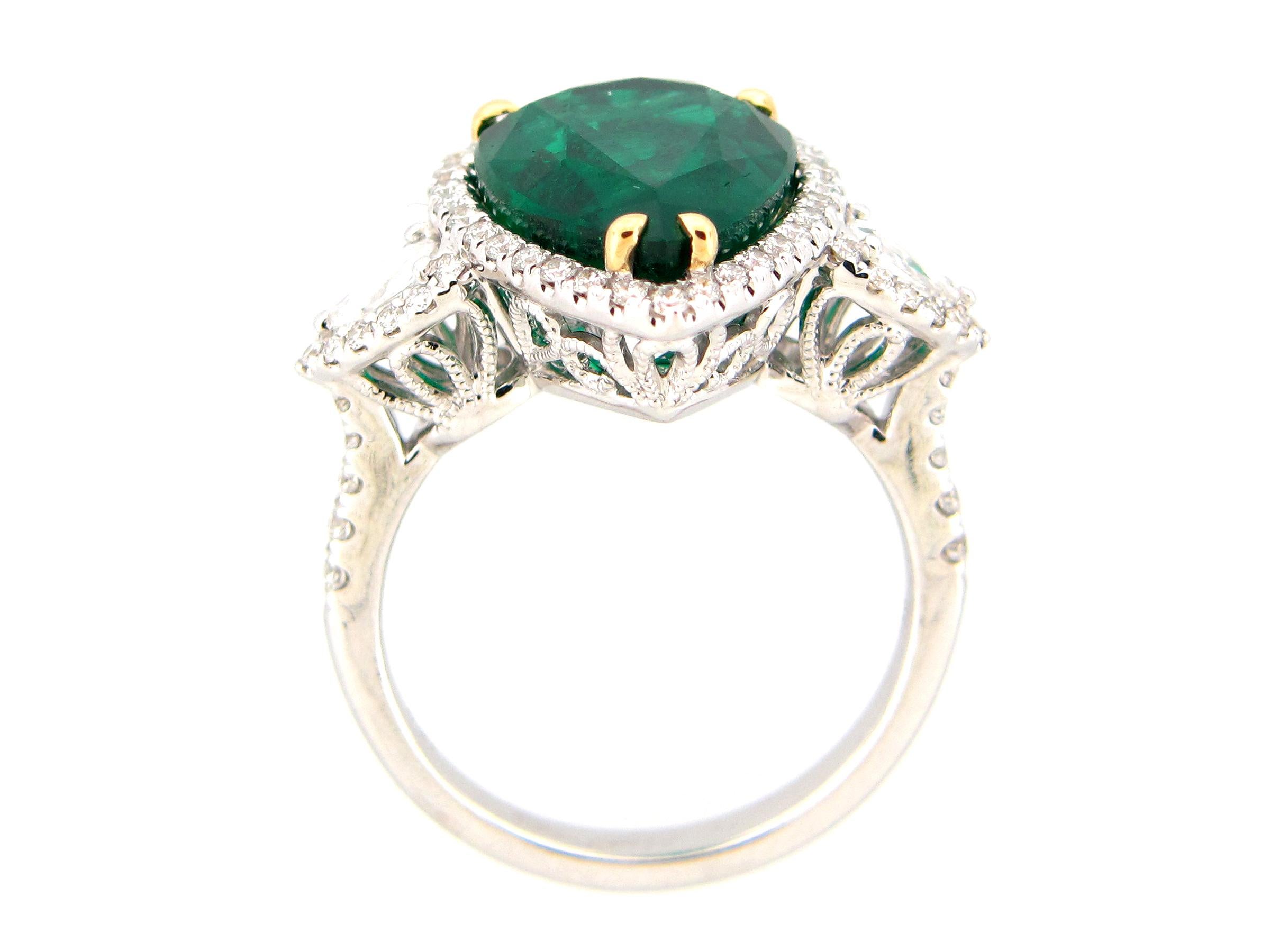 Women's GIA Certified 6.21 Carat Pear Shape Emerald and Diamond Ring