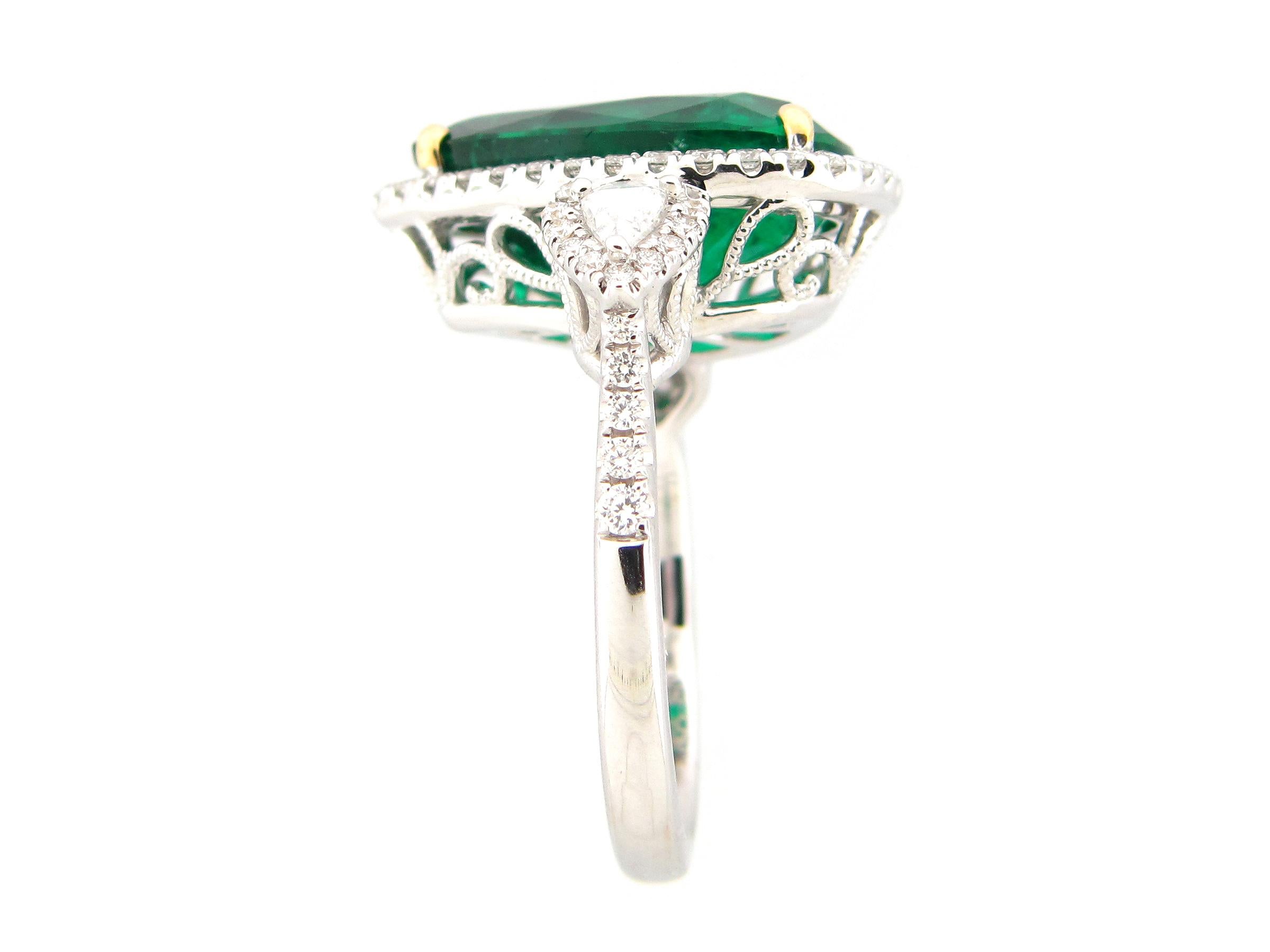 GIA Certified 6.21 Carat Pear Shape Emerald and Diamond Ring 2