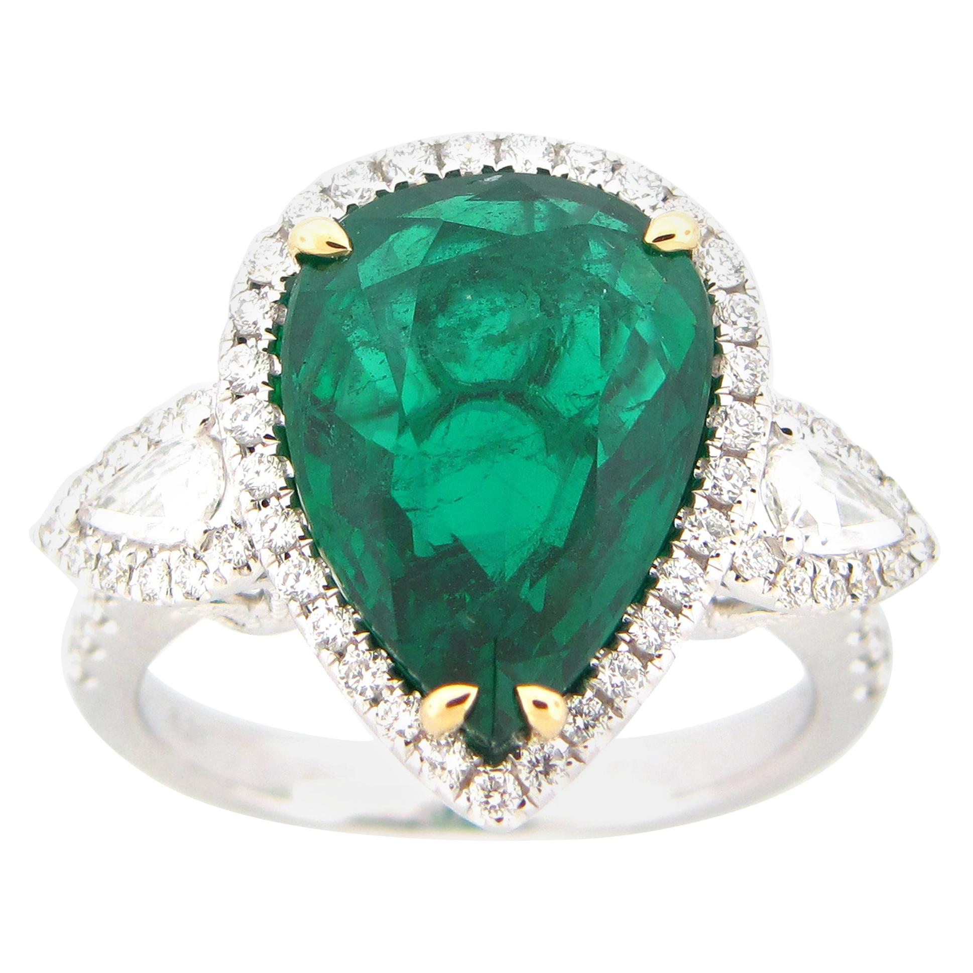 GIA Certified 6.21 Carat Pear Shape Emerald and Diamond Ring