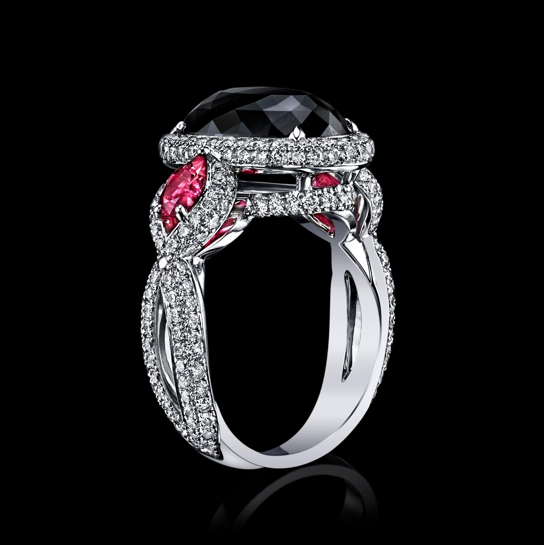 Women's GIA Certified 6.21 Carat Oval Fancy Black Diamond with 2 Rubies For Sale