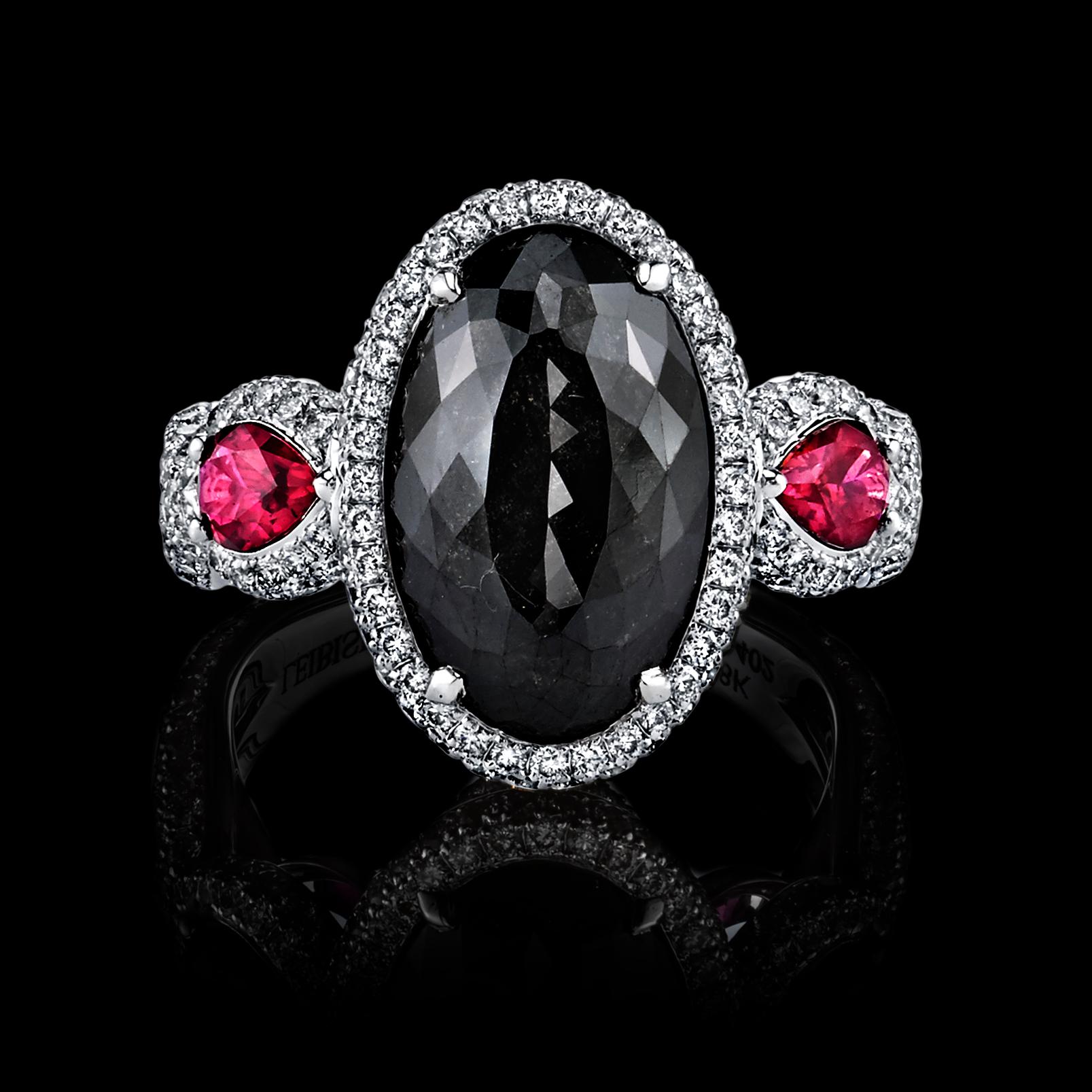 GIA Certified 6.21 Carat Oval Fancy Black Diamond with 2 Rubies In New Condition For Sale In Calabasas, CA