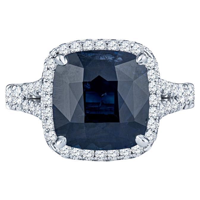 GIA Certified 6.25 Carat Cushion Cut Sapphire & 1.60ctw Round Diamonds Ring For Sale