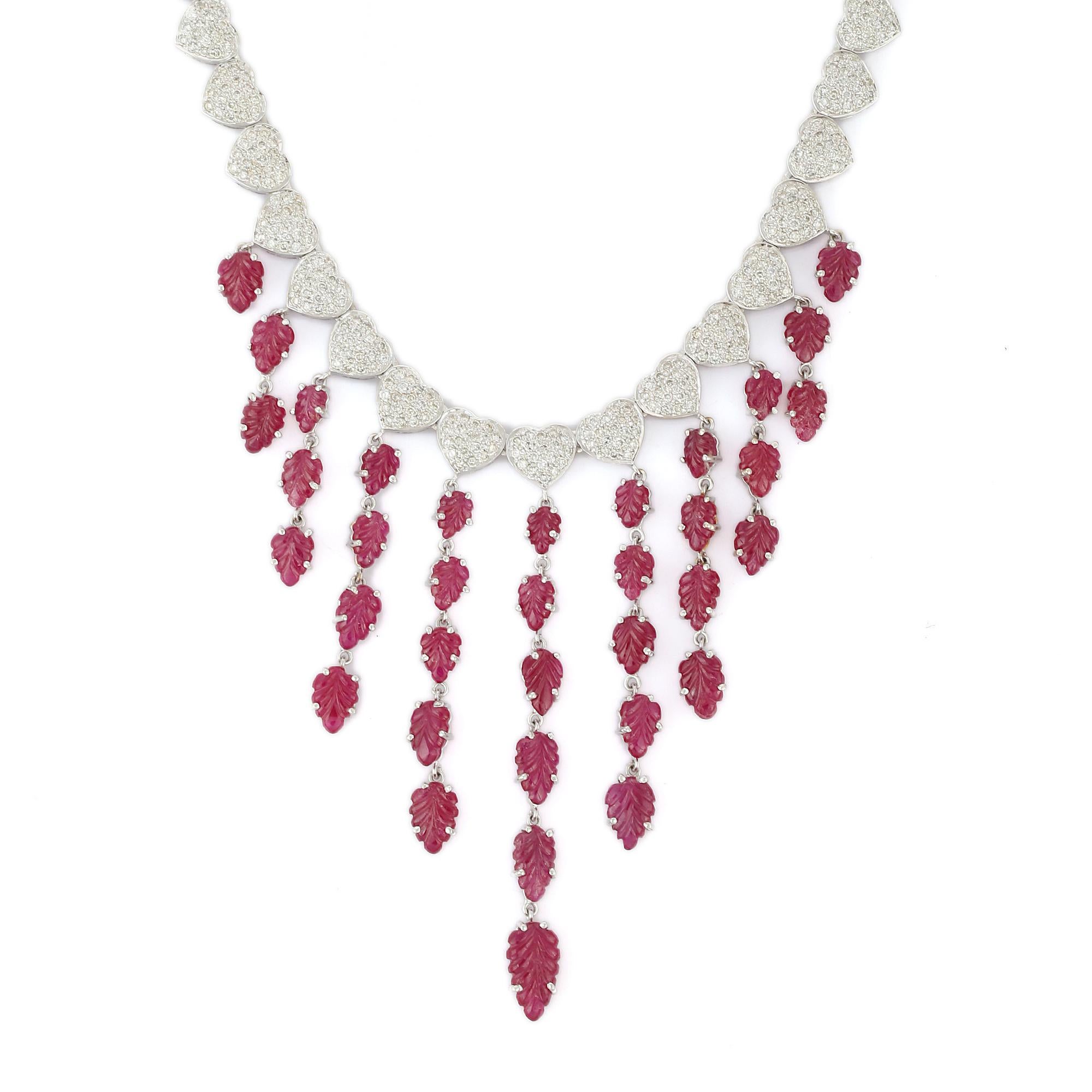 Modern 20.5 Carat Ruby and Diamond Drop Necklace in 18K White Gold For Sale