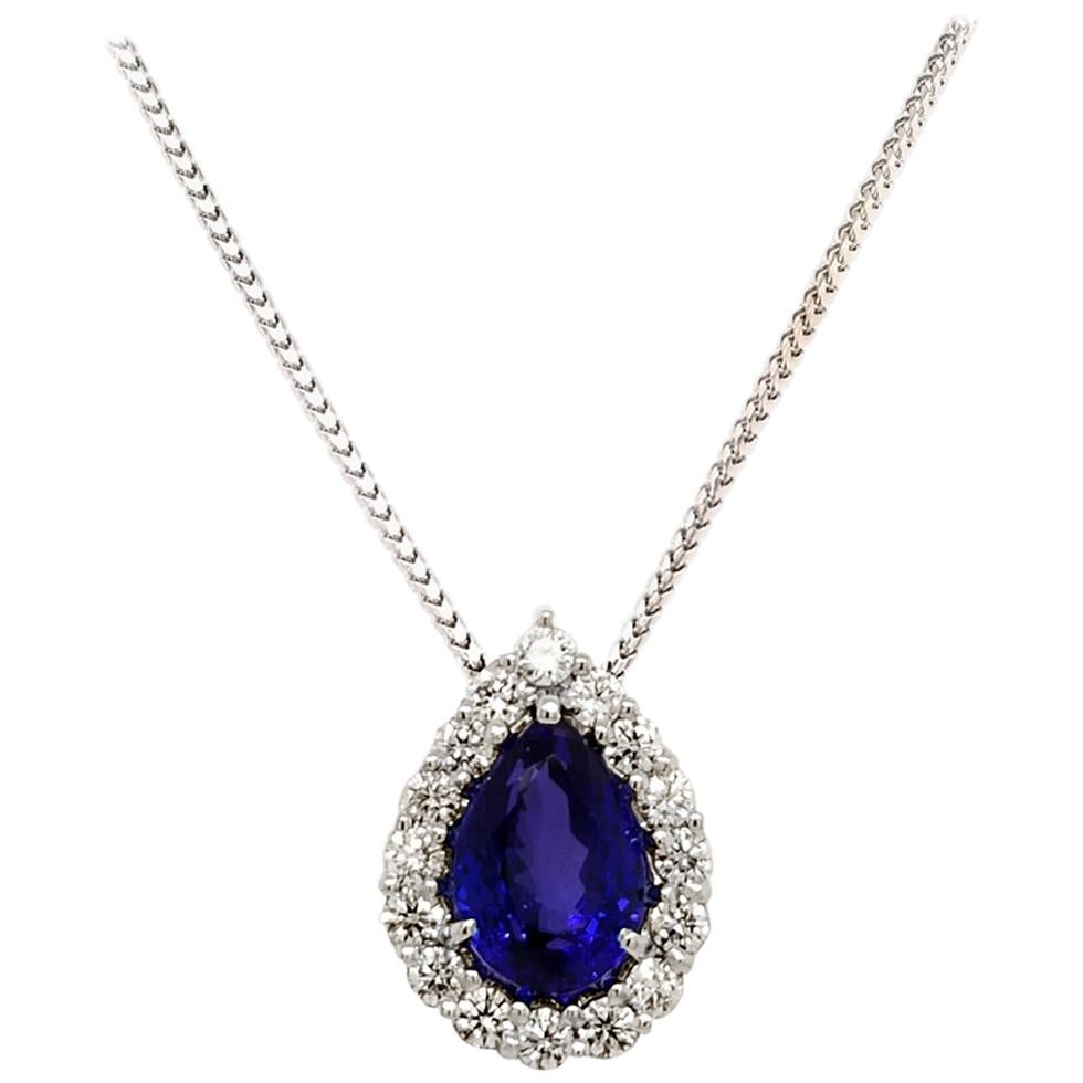 GIA Certified 6.26 Carat Pear Shaped Tanzanite Necklace with 1.20 Carat Diamonds For Sale